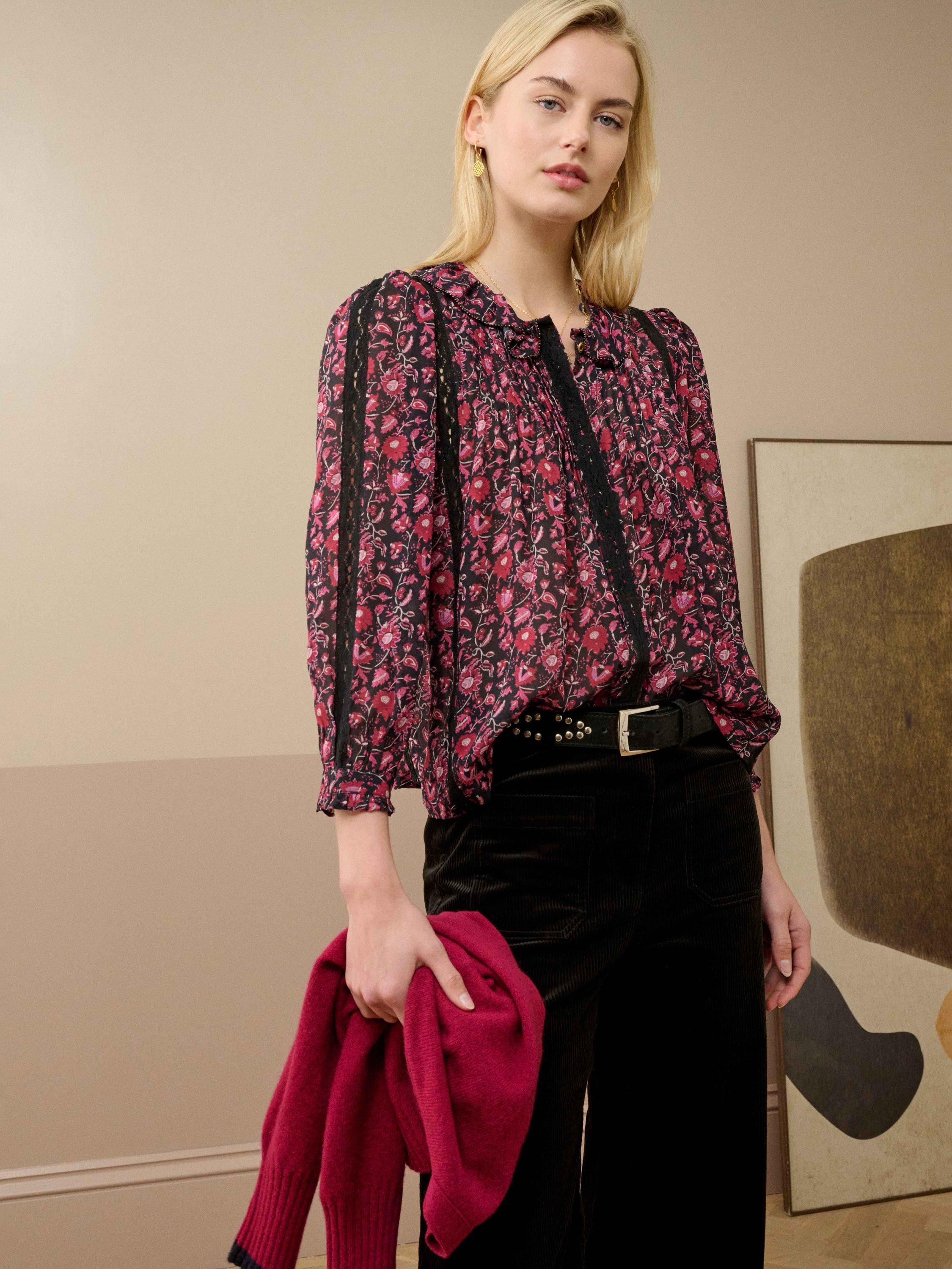 Product image 2 of 4, which shows Brora Silk Floral Three-Quarter Sleeves Round Neck Blouse, Midnight/Raspberry, 8