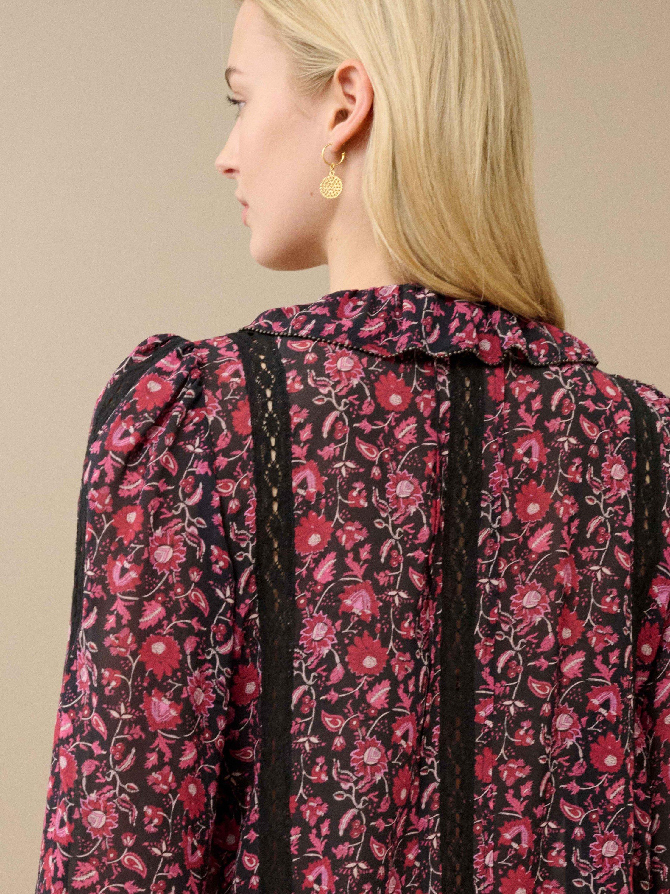 Product image 3 of 4, which shows Brora Silk Floral Three-Quarter Sleeves Round Neck Blouse, Midnight/Raspberry, 8
