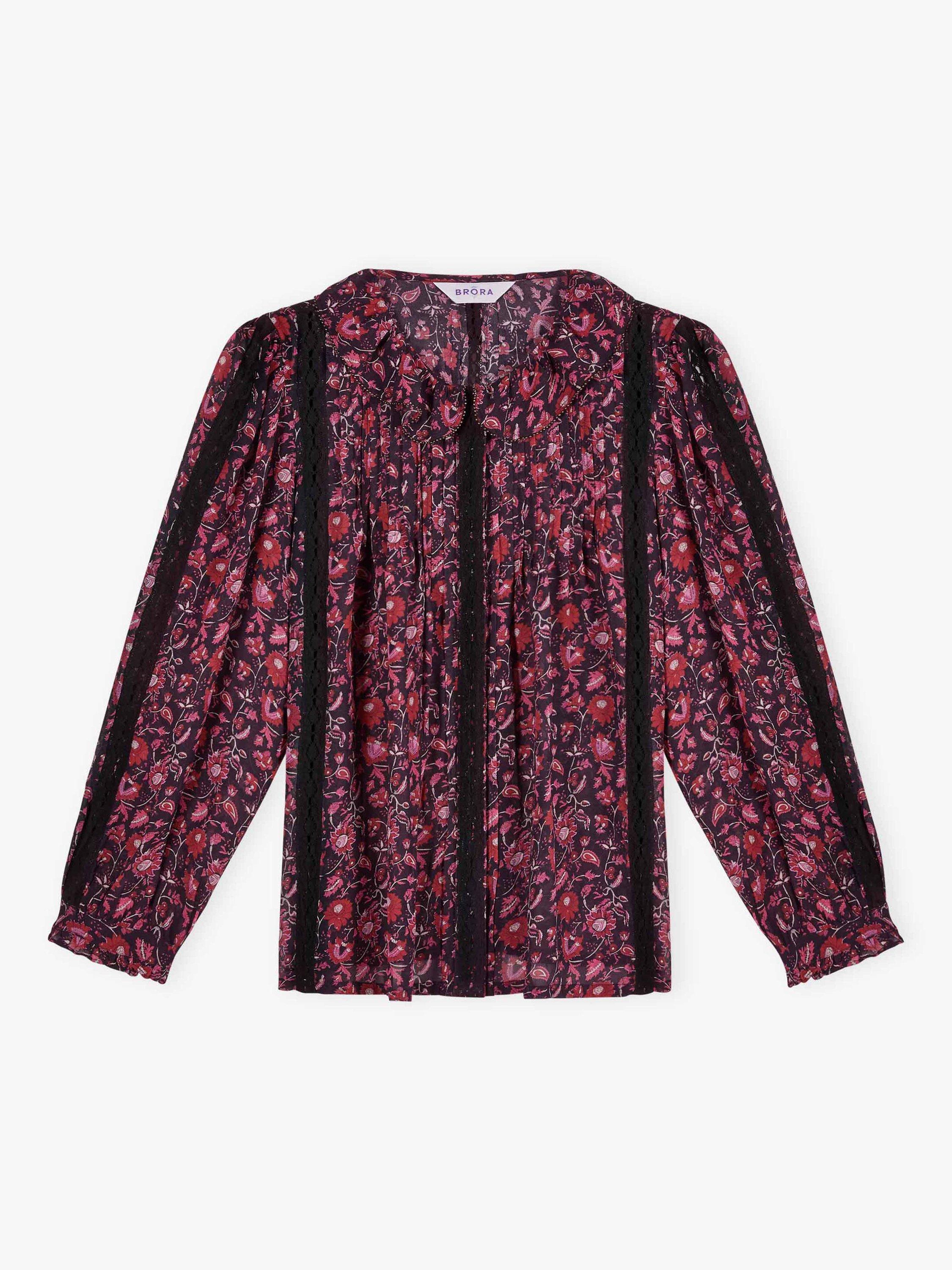 Product image 4 of 4, which shows Brora Silk Floral Three-Quarter Sleeves Round Neck Blouse, Midnight/Raspberry, 8