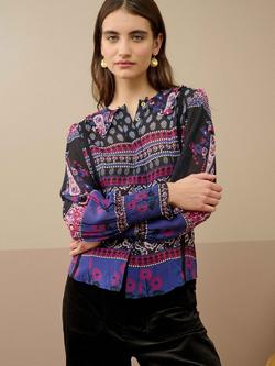 Brora Patchwork Print Pure Silk Top, Midnight/Mulberry, Midnight/Mulberry
