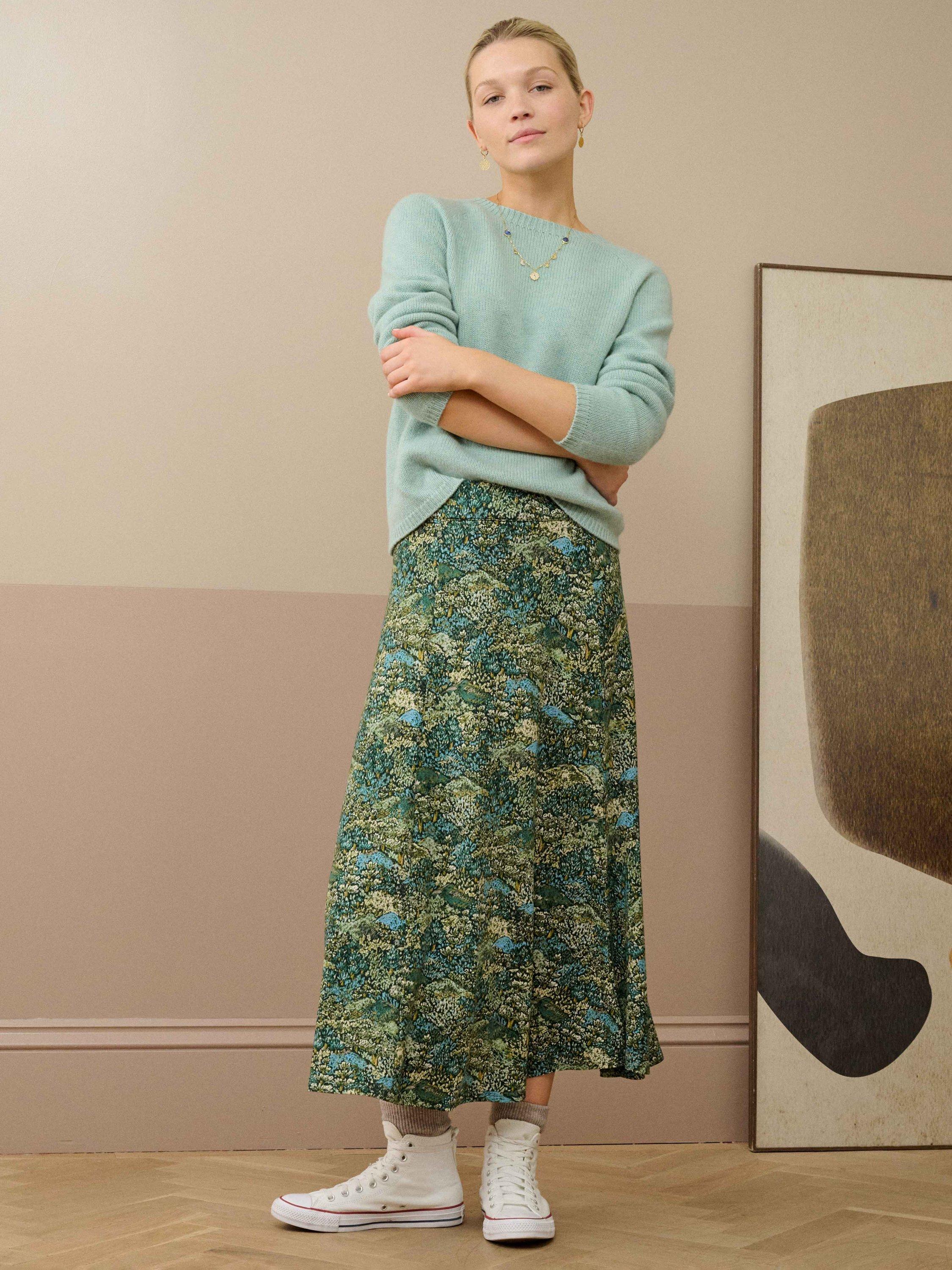 Product image 1 of 3, which shows Brora Liberty Print Jersey Skirt, Thyme, 6