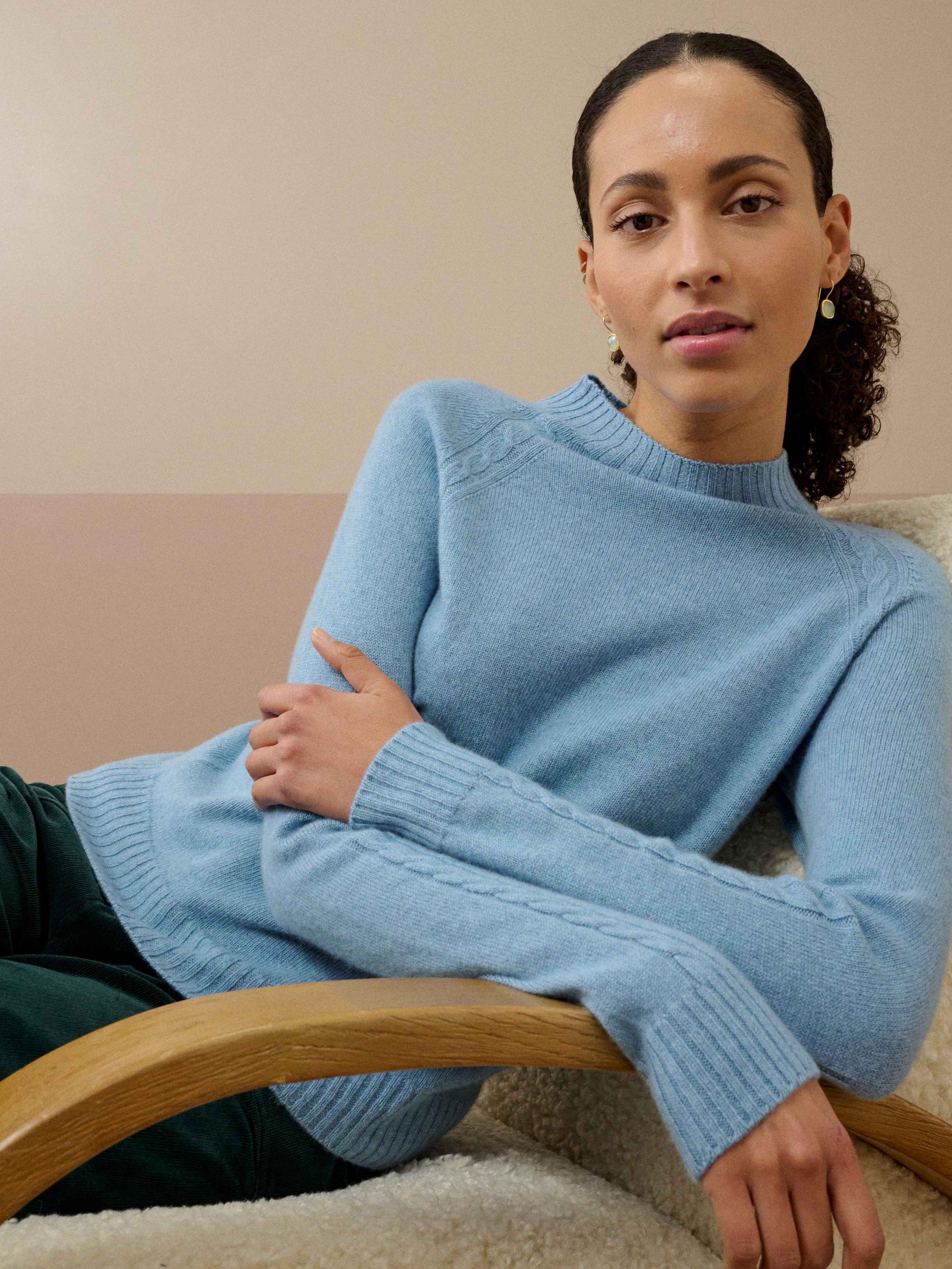 Product image 2 of 4, which shows Brora Cable Knit Detail Pure Cashmere Jumper, Wedgewood, 8