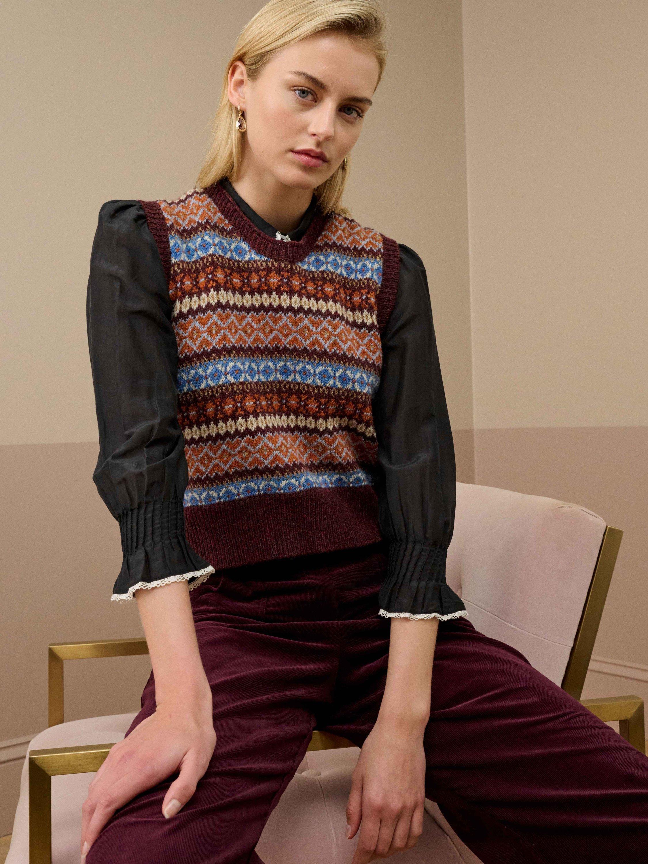 Product image 1 of 5, which shows Brora Fair Isle Pure Wool Tank Top, Bordeaux, 8