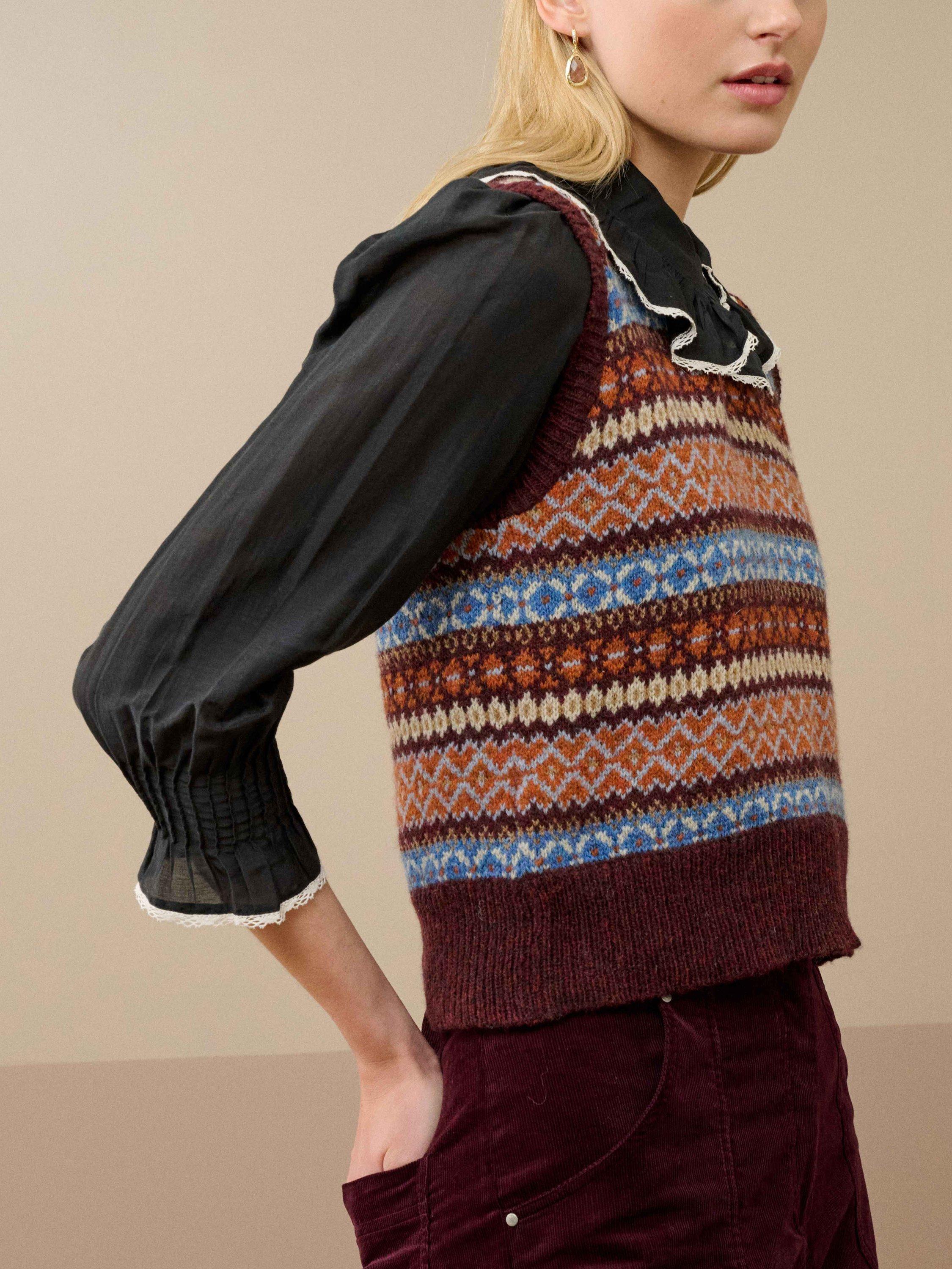 Product image 4 of 5, which shows Brora Fair Isle Pure Wool Tank Top, Bordeaux, 8