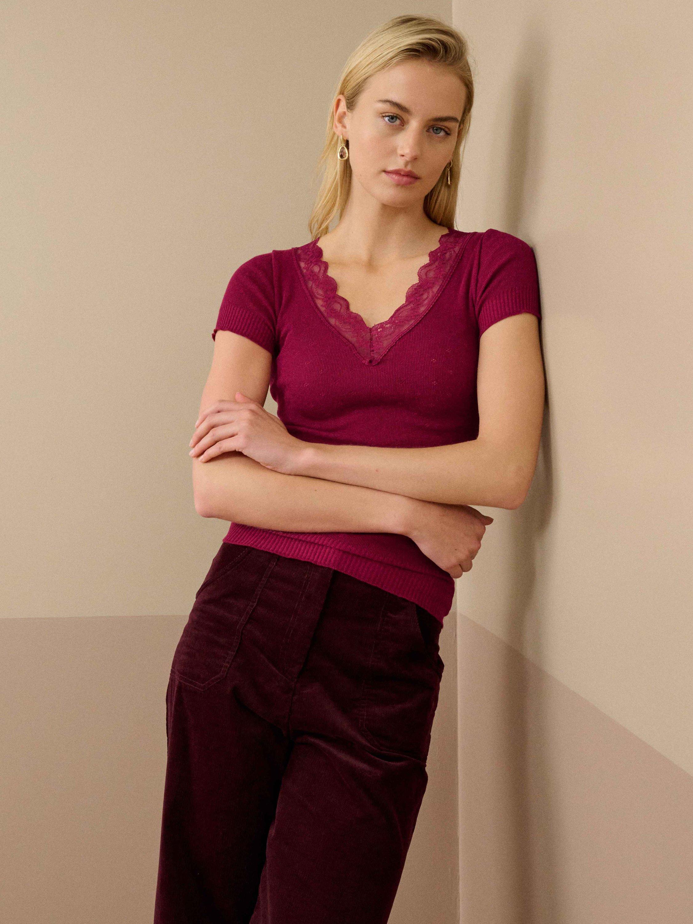Product image 1 of 5, which shows Brora Lace Trim Cap Sleeve Top, Mulberry, 8-10
