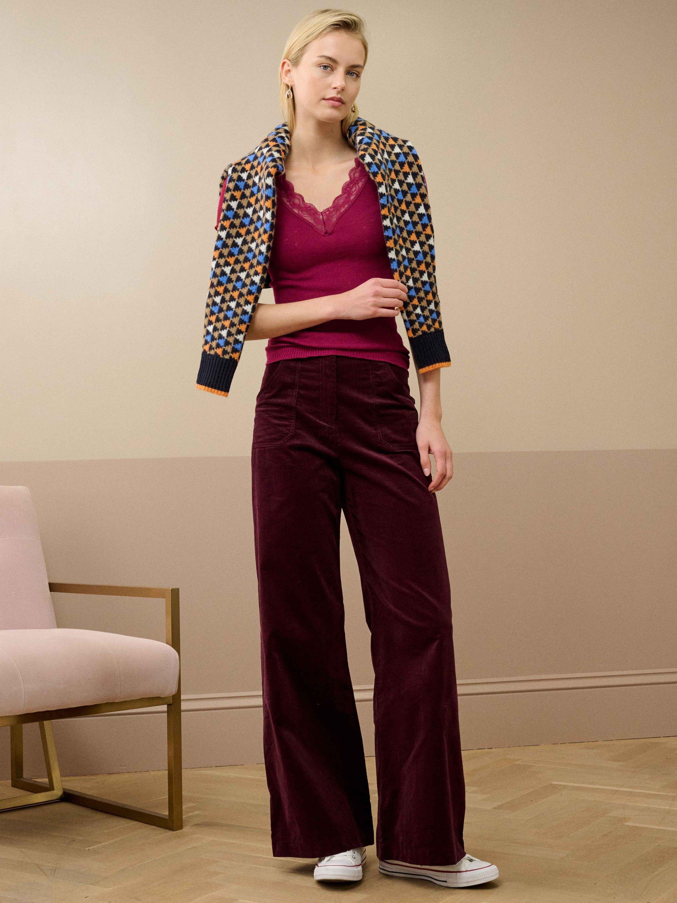Product image 2 of 5, which shows Brora Lace Trim Cap Sleeve Top, Mulberry, 8-10