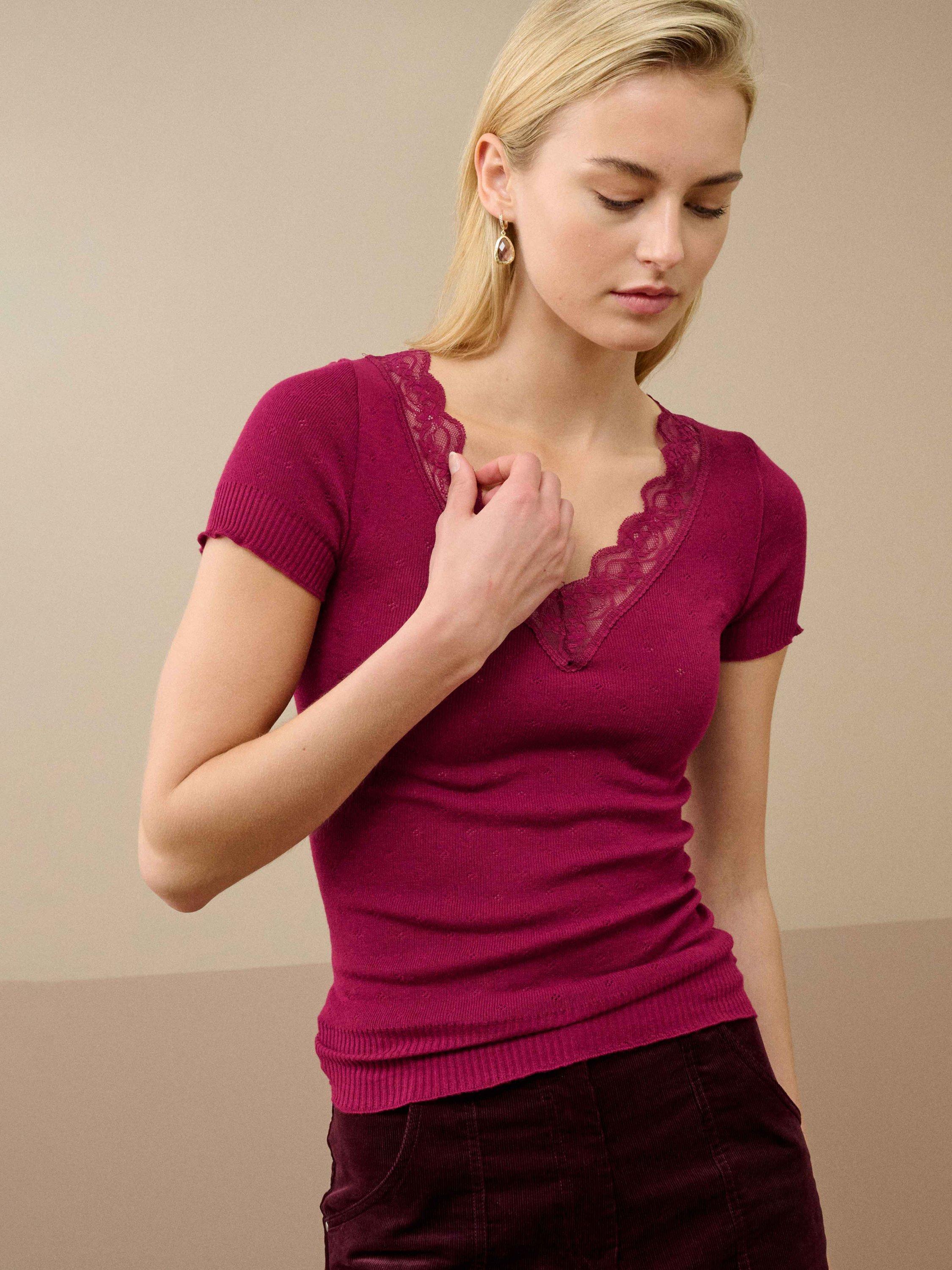 Product image 4 of 5, which shows Brora Lace Trim Cap Sleeve Top, Mulberry, 8-10