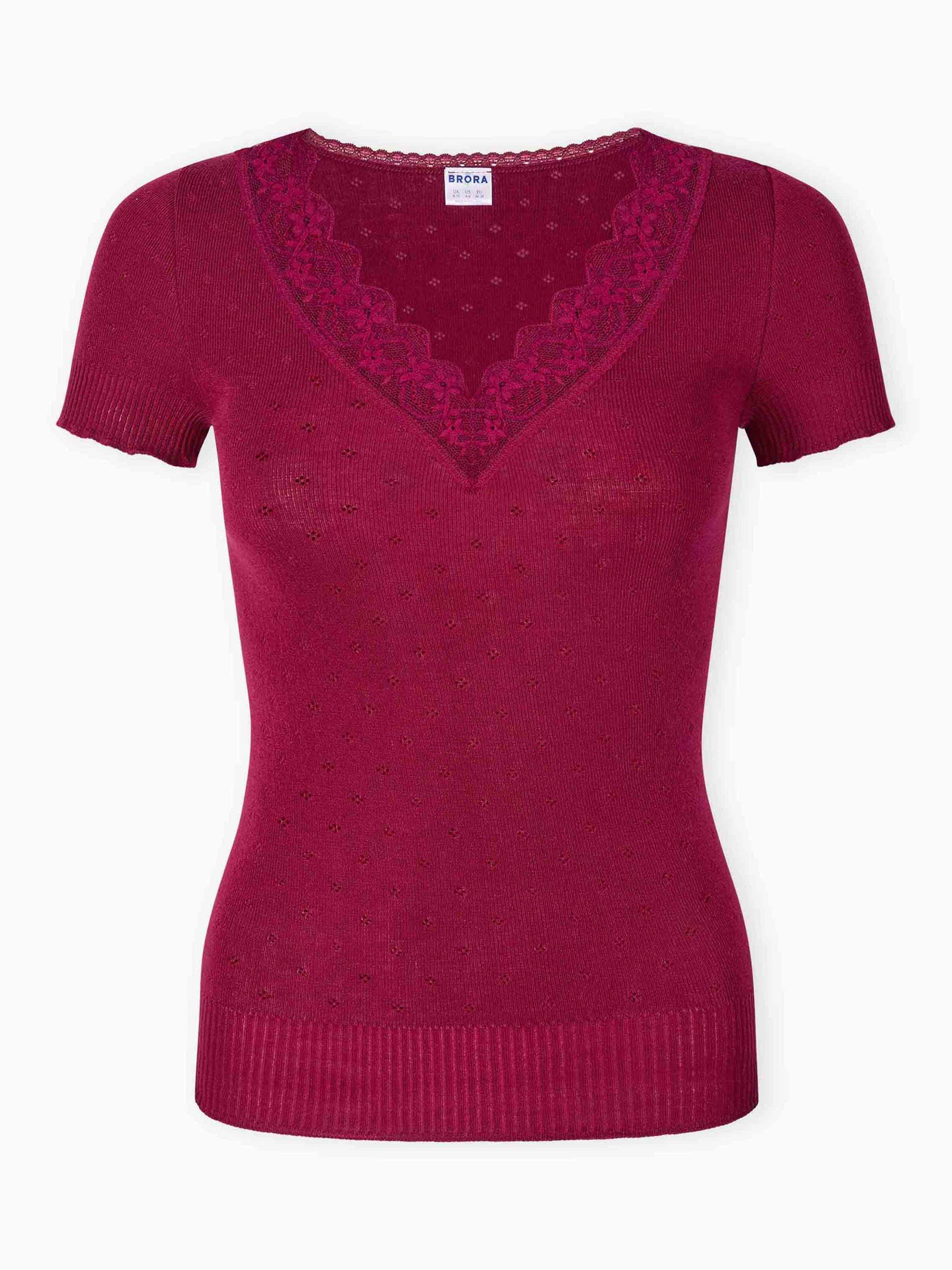 Product image 5 of 5, which shows Brora Lace Trim Cap Sleeve Top, Mulberry, 8-10