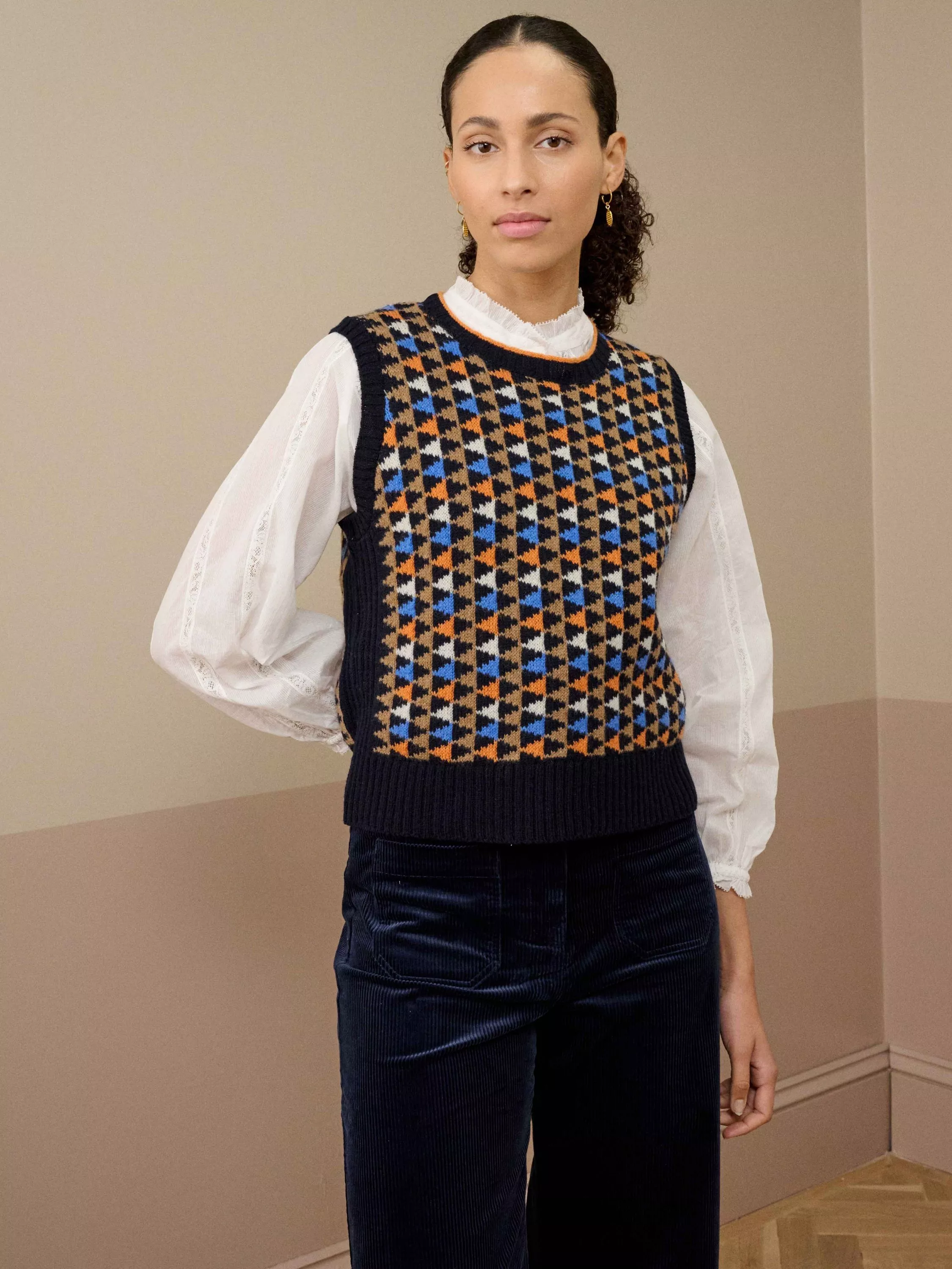 Brora Folk Fair Isle Pure Merino Wool Tank Top, Navy