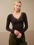Brora Lace Trim V-Neck Top, Bitter Chocolate