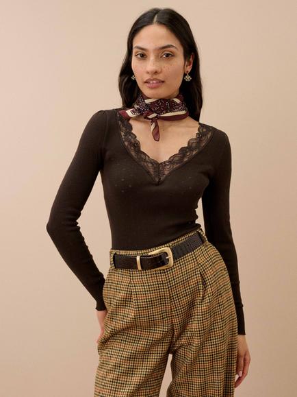 Brora Lace Trim V-Neck Top, Bitter Chocolate