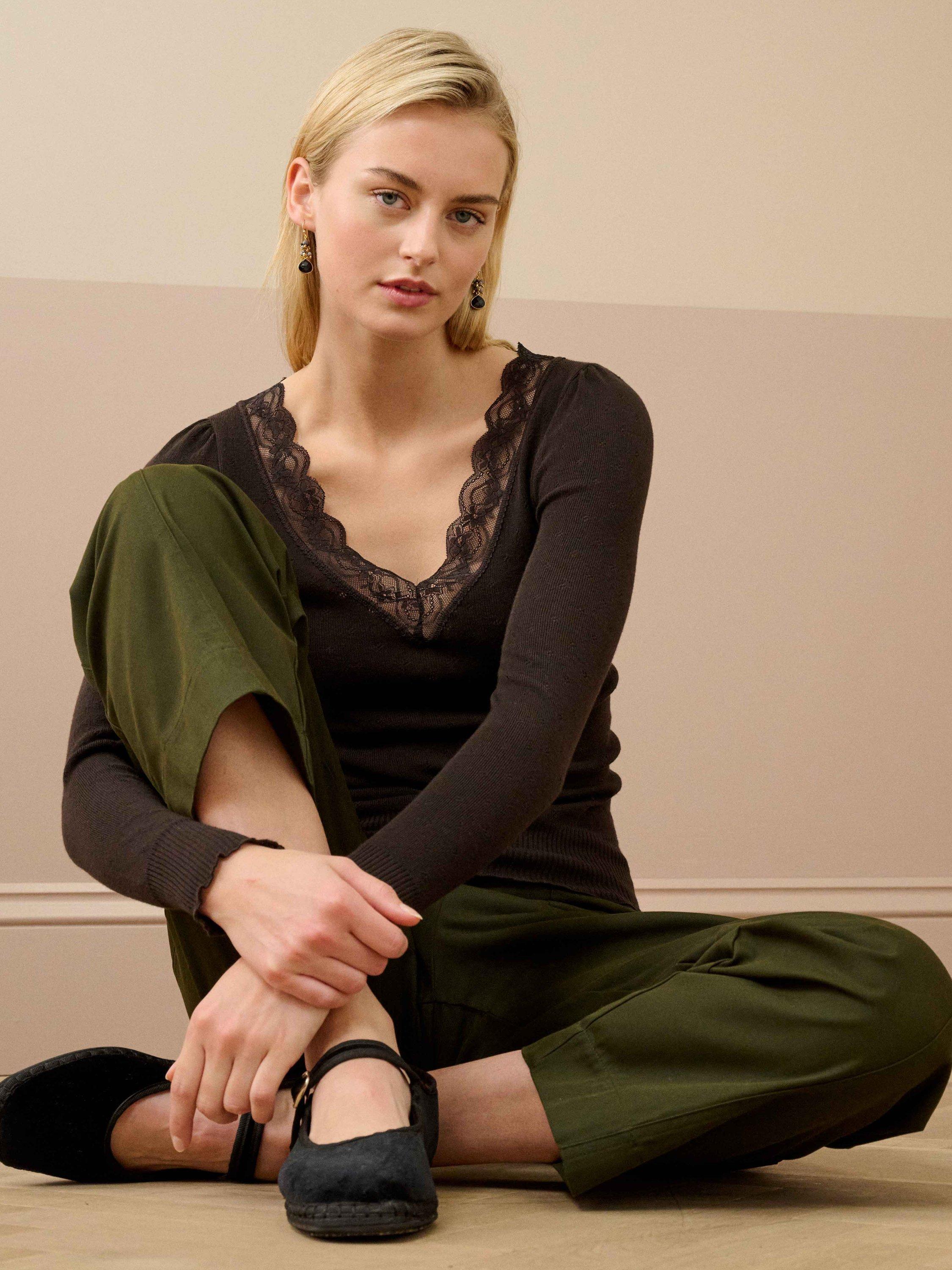 Product image 2 of 5, which shows Brora Lace Trim V-Neck Top, Bitter Chocolate, 8-10