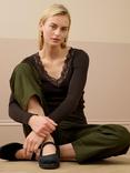Brora Lace Trim V-Neck Top, Bitter Chocolate