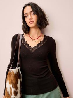 Brora Lace Trim V-Neck Top - view 2, Bitter Chocolate