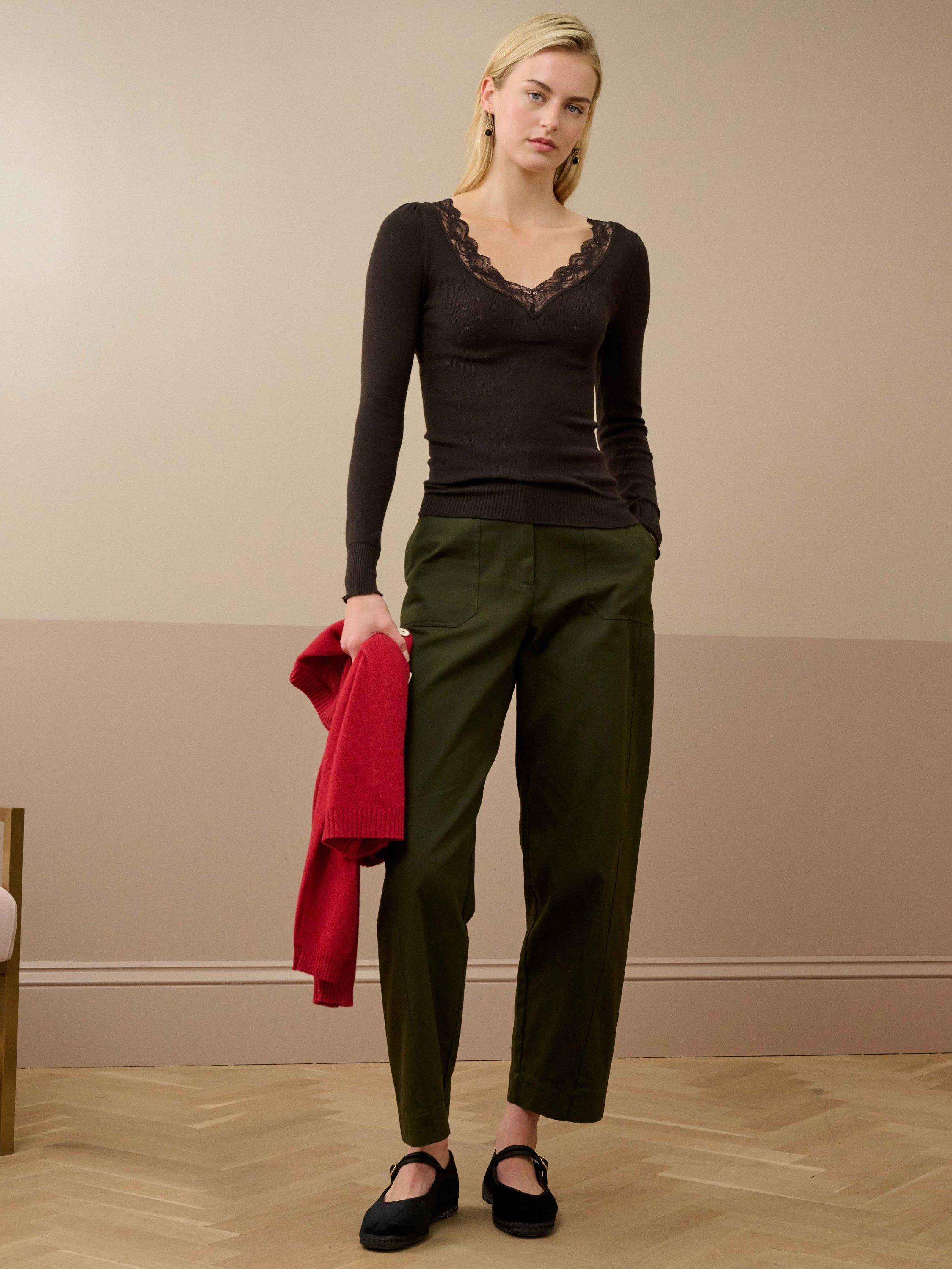 Product image 3 of 5, which shows Brora Lace Trim V-Neck Top, Bitter Chocolate, 8-10