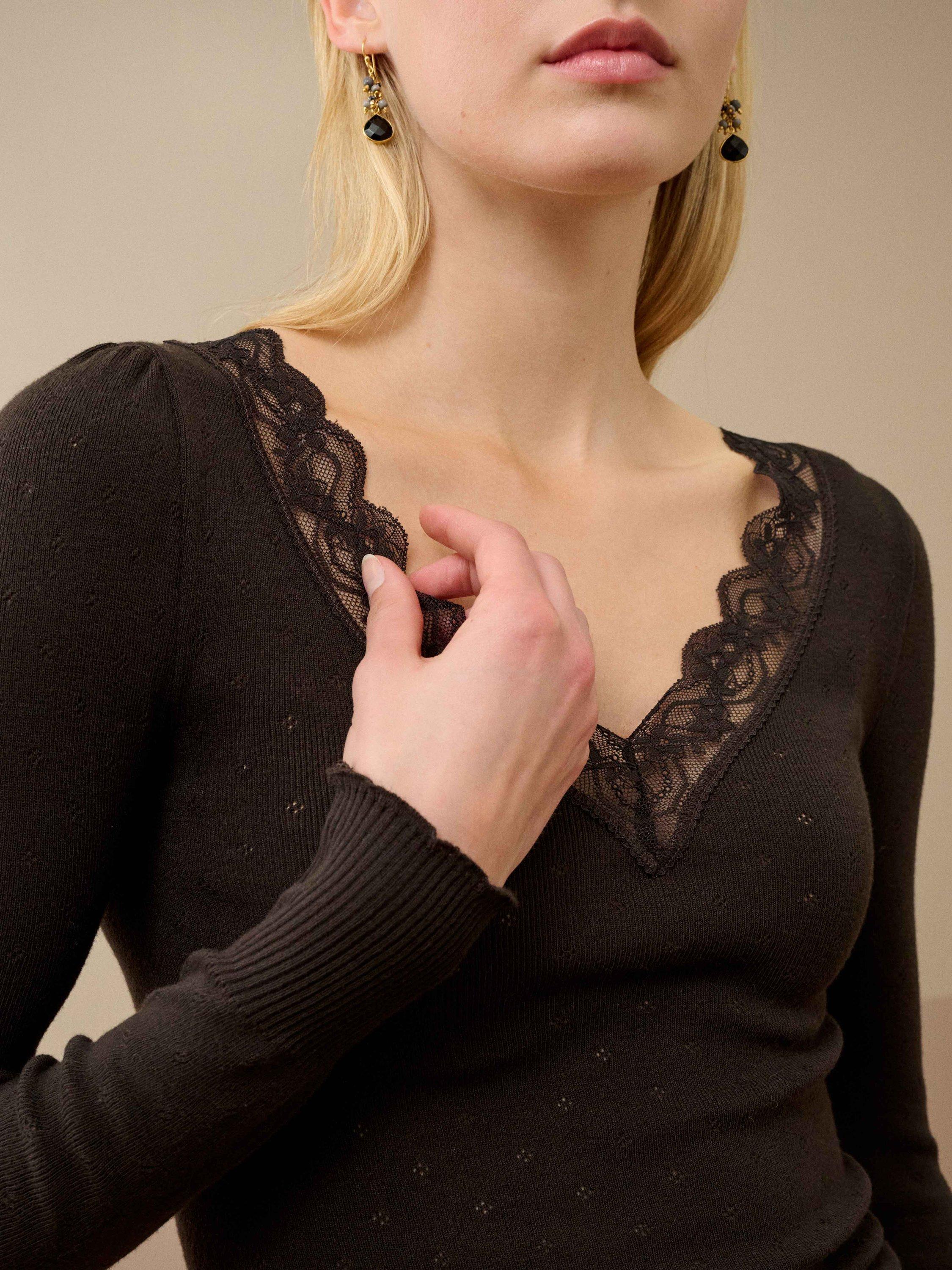 Product image 4 of 5, which shows Brora Lace Trim V-Neck Top, Bitter Chocolate, 8-10