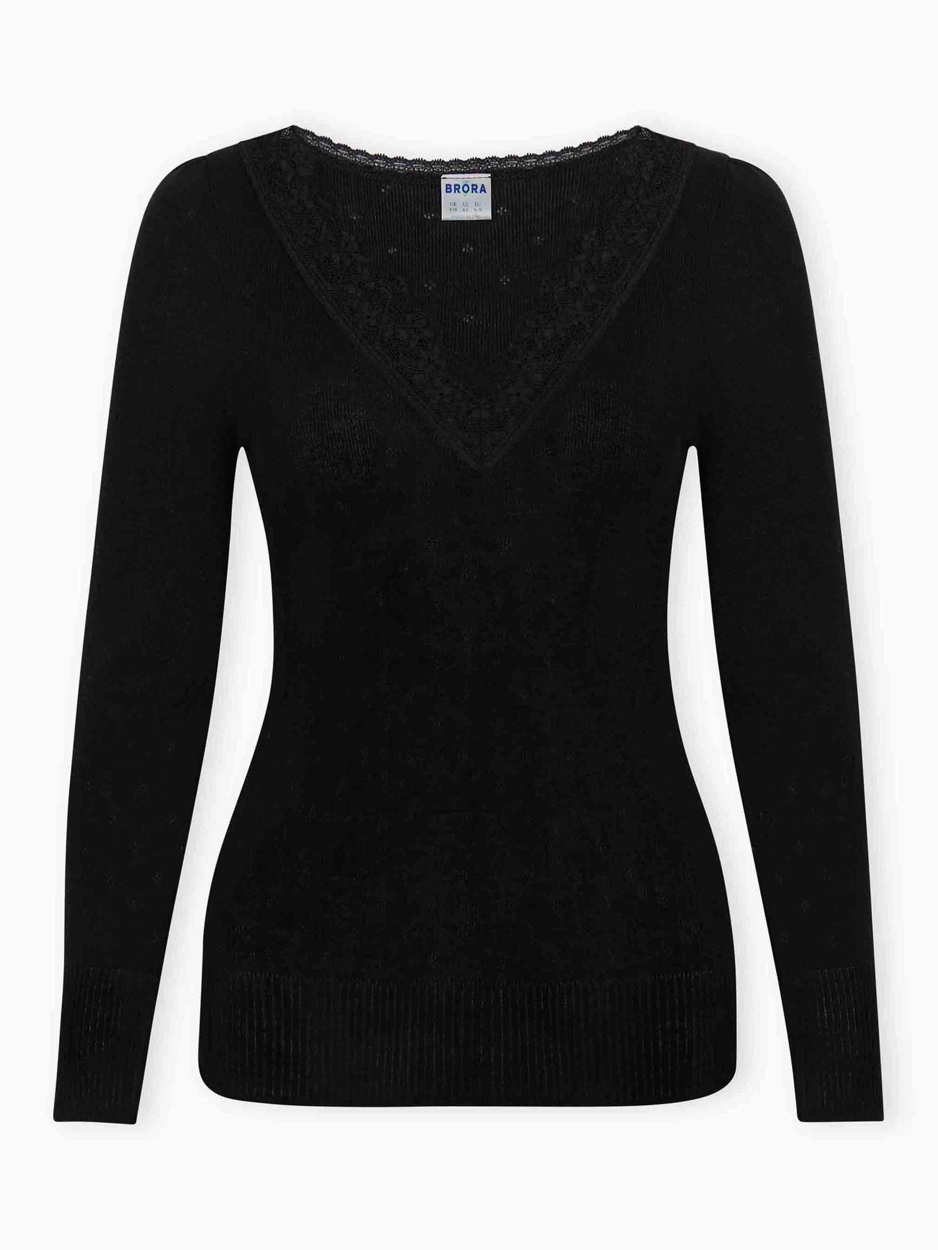 Product image 5 of 5, which shows Brora Lace Trim V-Neck Top, Bitter Chocolate, 8-10