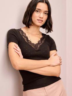 Brora Lace Trim Cap Sleeve Top - view 2, Bitter Chocolate