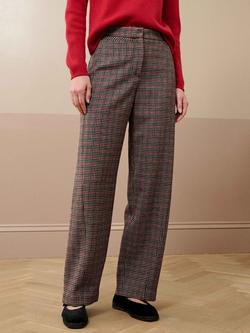 Brora Houndstooth Pure Wool Barrel Leg Trousers, Midnight/Ruby, Midnight/Ruby