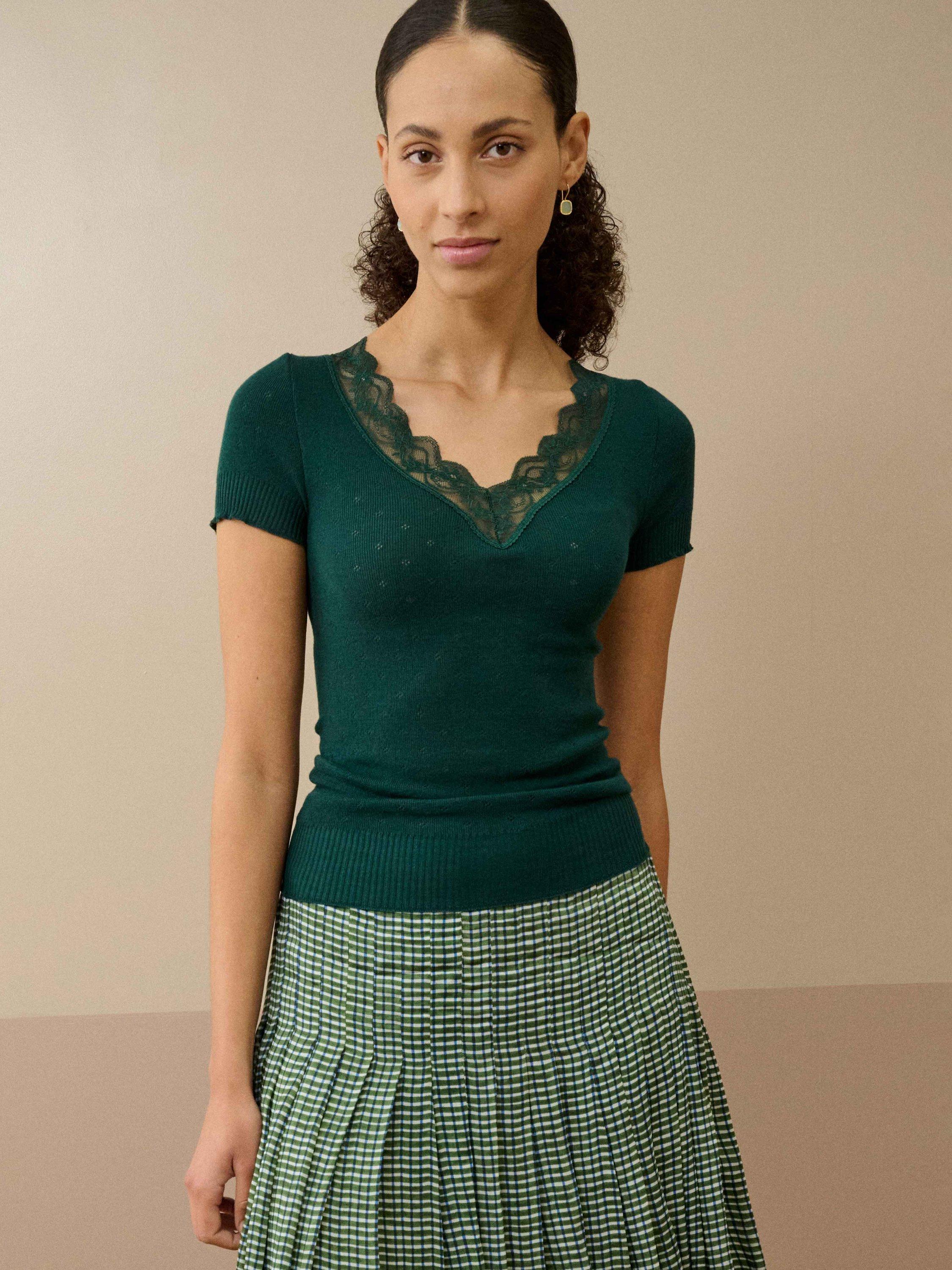 Product image 1 of 4, which shows Brora Lace Trim Cap Sleeve Top, Ivy, 8-10