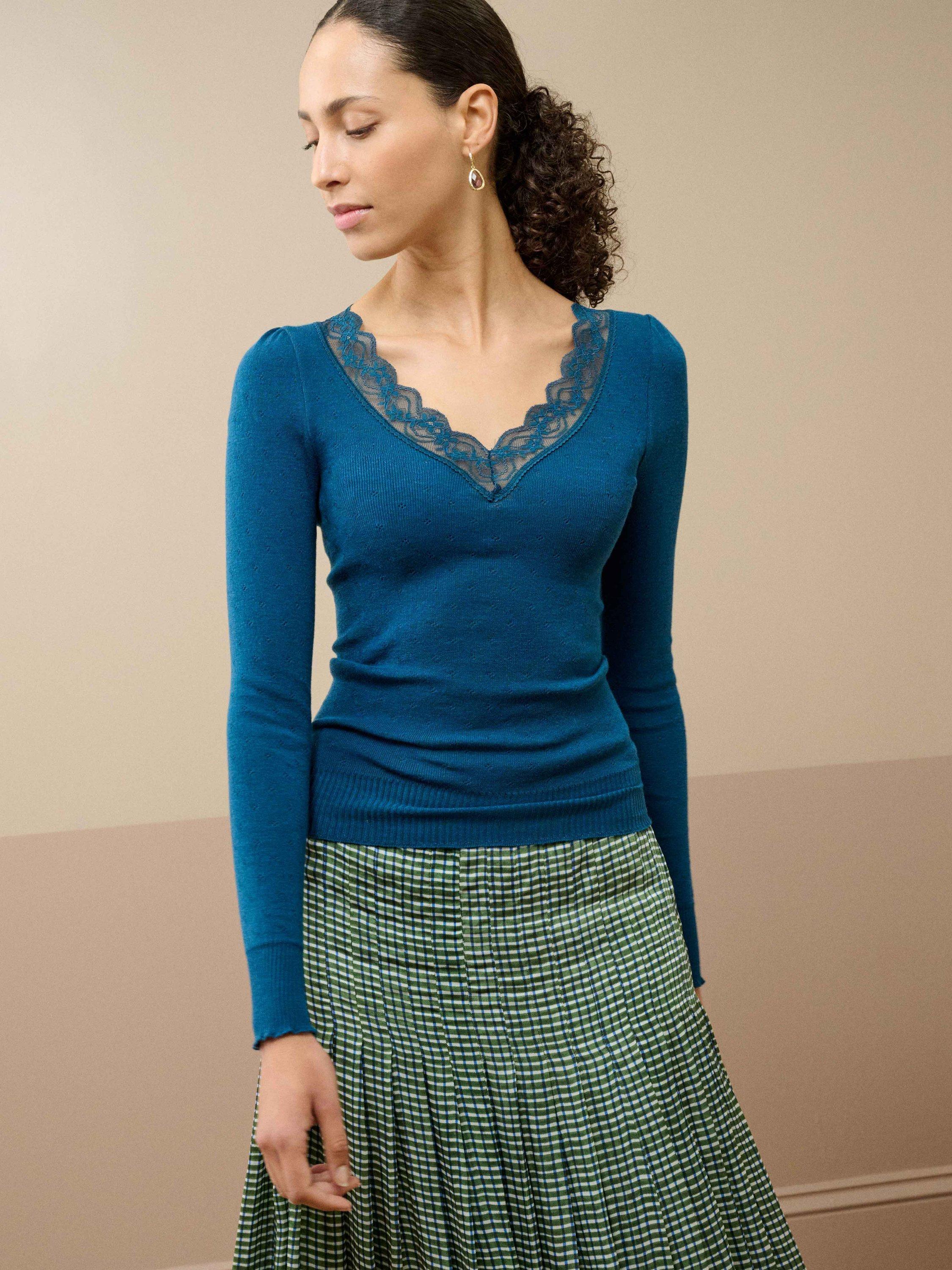 Product image 1 of 3, which shows Brora Lace Trim V-Neck Top, Kingfisher, 8-10
