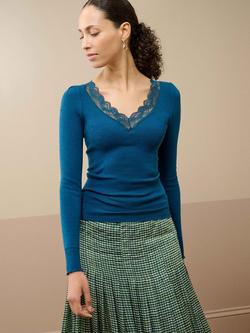 Brora Lace Trim V-Neck Top, Kingfisher, Kingfisher