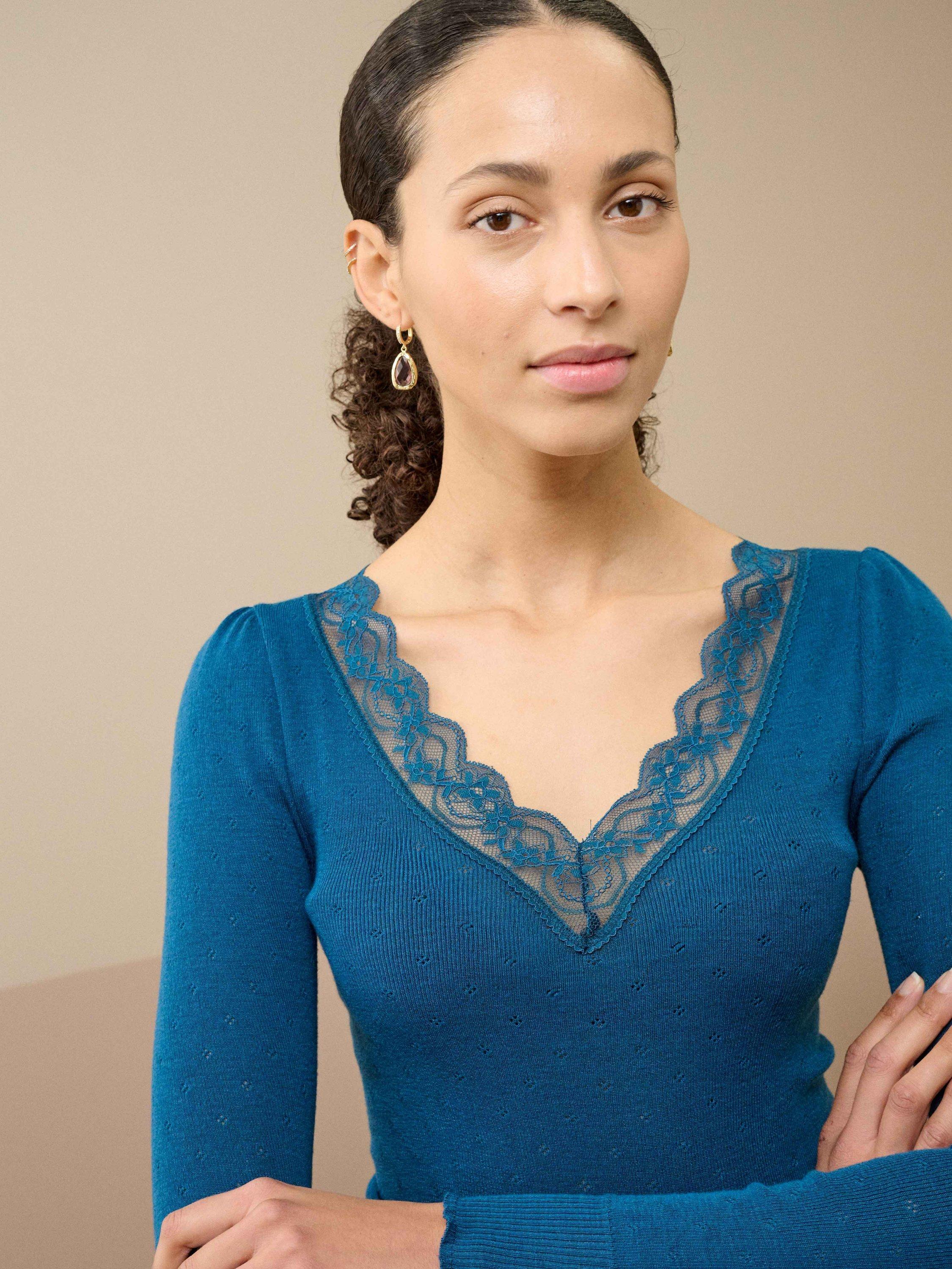 Product image 2 of 3, which shows Brora Lace Trim V-Neck Top, Kingfisher, 8-10