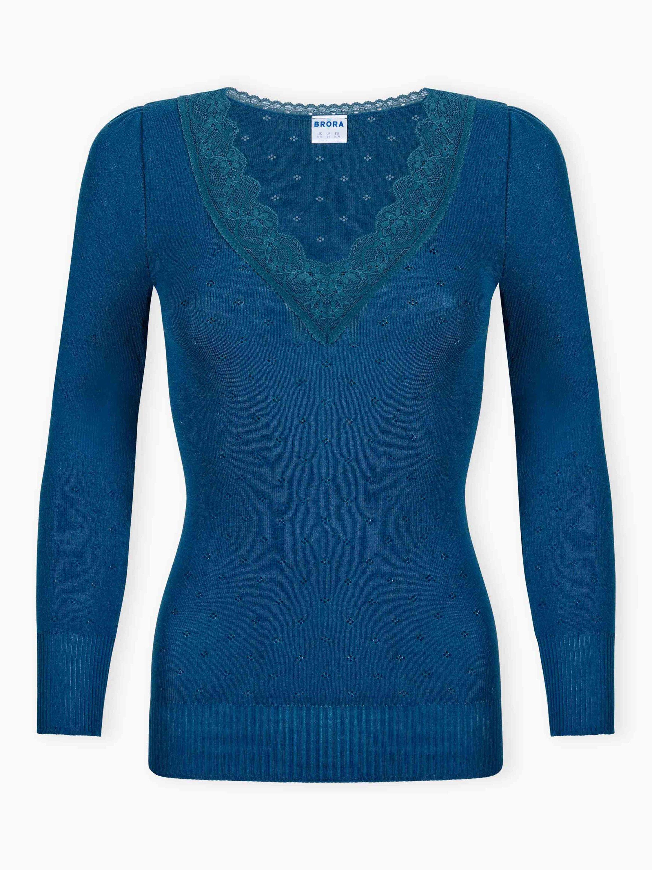 Product image 3 of 3, which shows Brora Lace Trim V-Neck Top, Kingfisher, 8-10