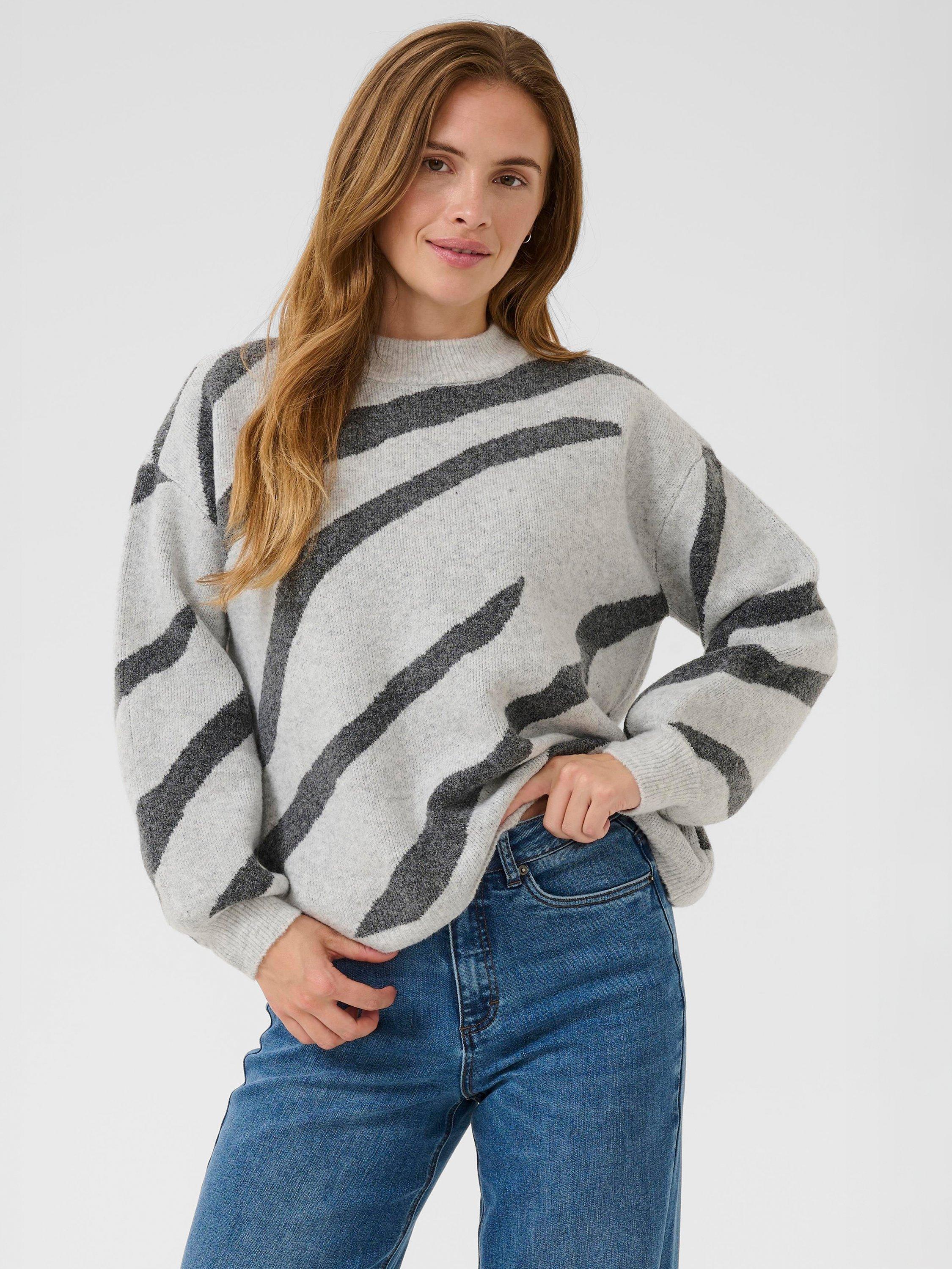 Product image 1 of 6, which shows KAFFE Wilma Wool Blend Stripe Long Sleeve Crew Neck Jumper, Grey/Multi, XL