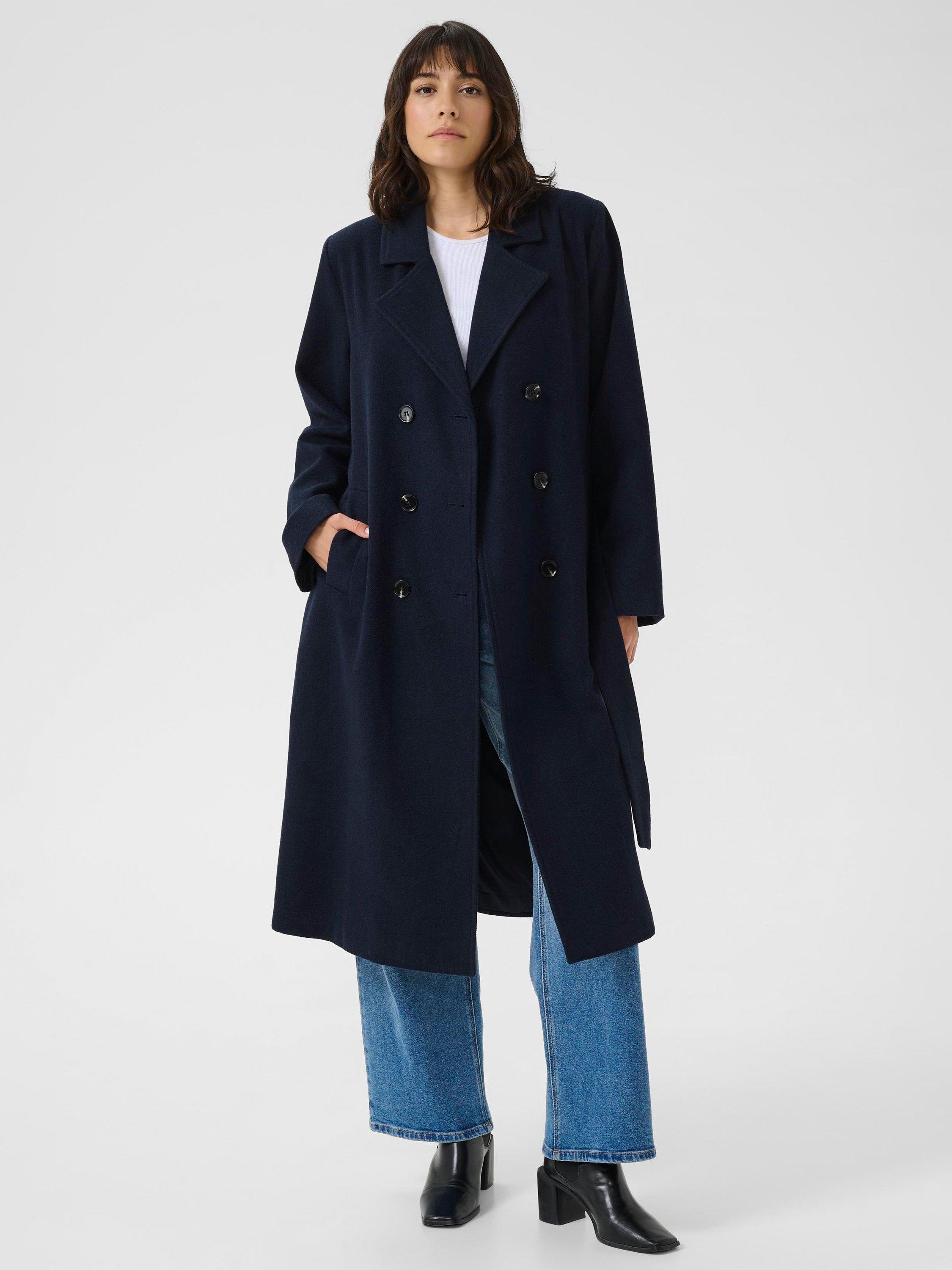 Product image 1 of 5, which shows KAFFE Fanny Wool Blend Longline Overcoat, Mid Blue, 18