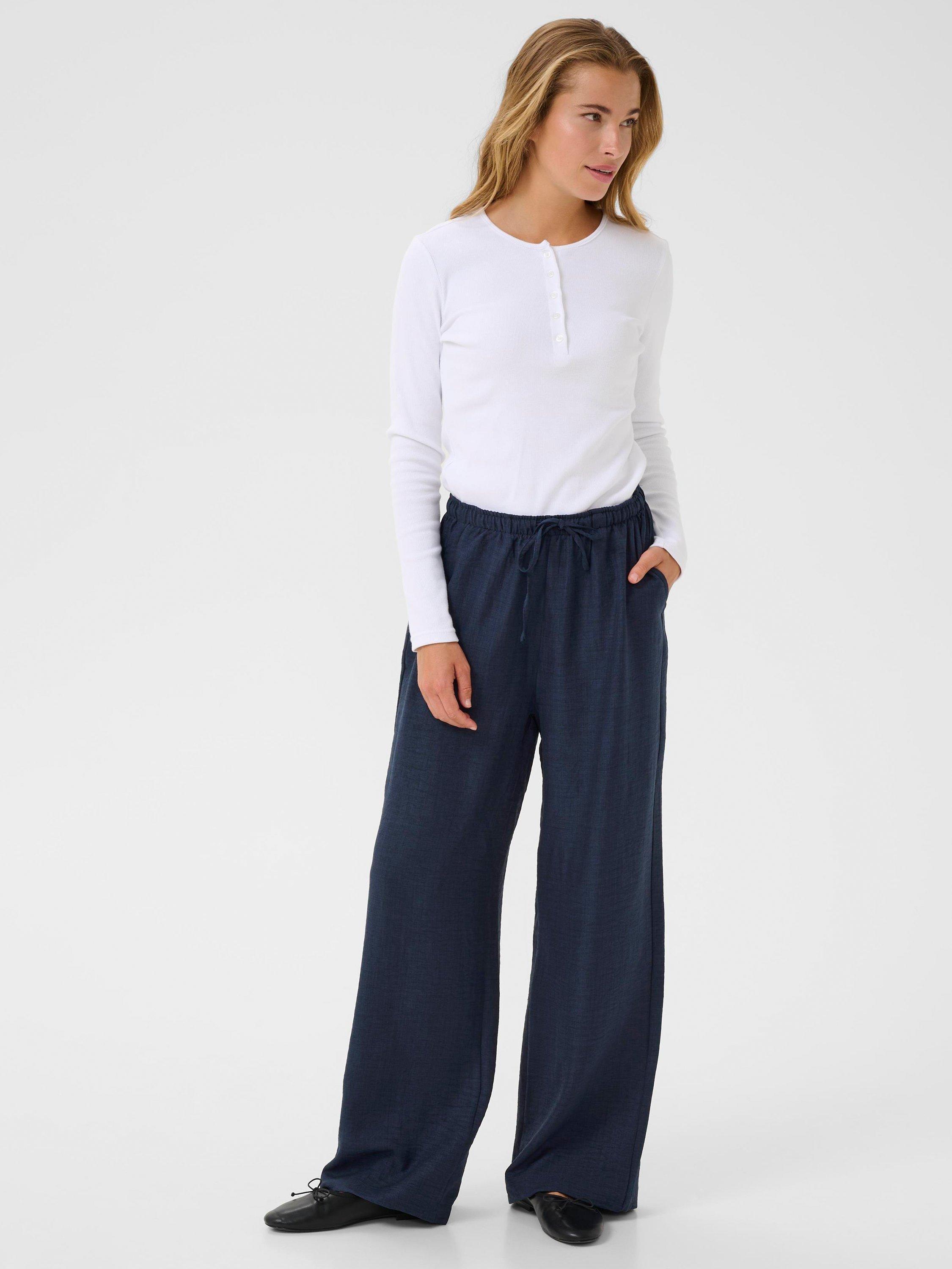 Product image 3 of 6, which shows KAFFE Ellen Wide Leg Mid Rise Culotte Trousers, Mid Blue, 8