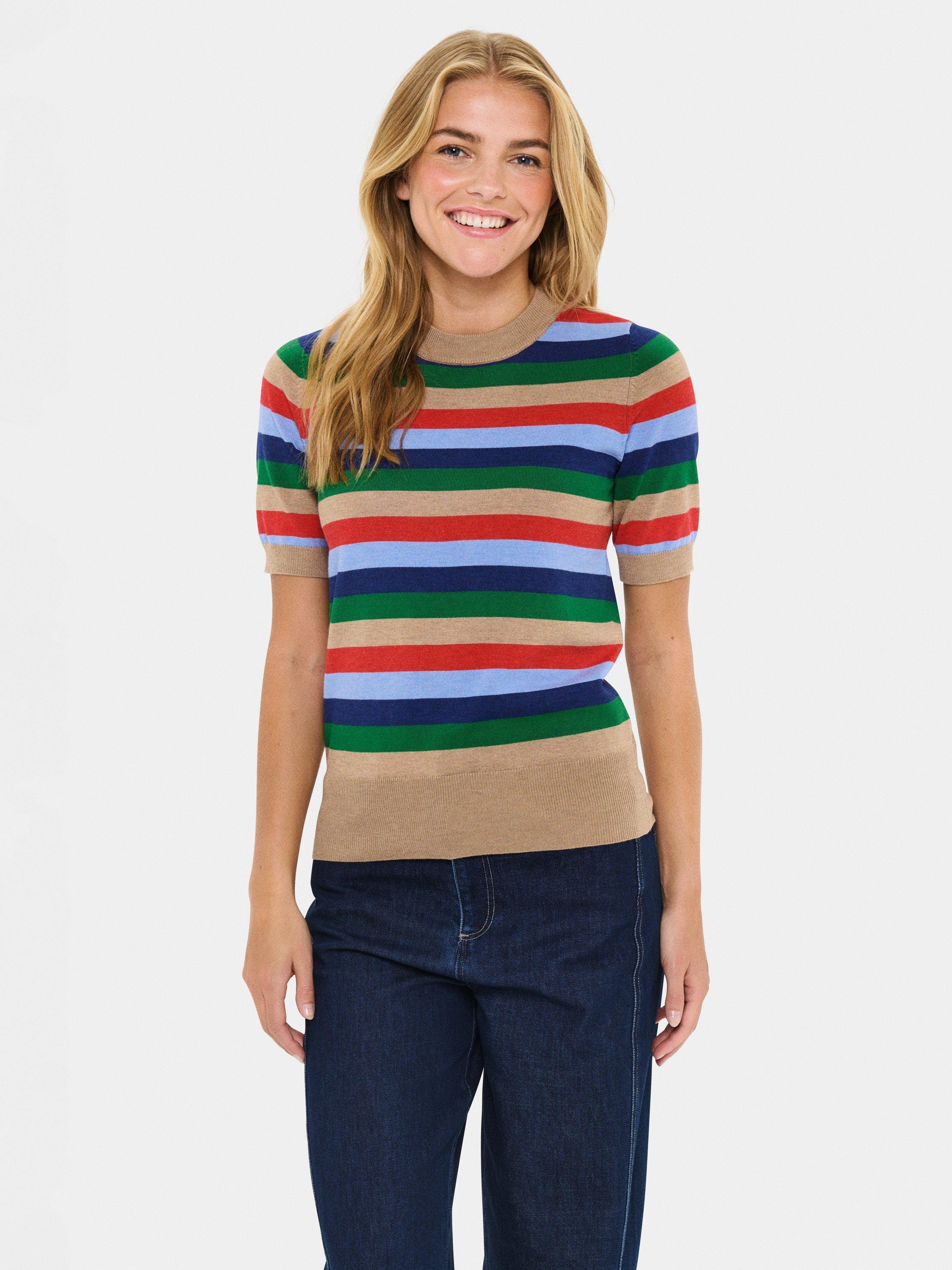 Product image 1 of 6, which shows Saint Tropez Milia Stripe Short Sleeve Jumper, Brown/Multi, S