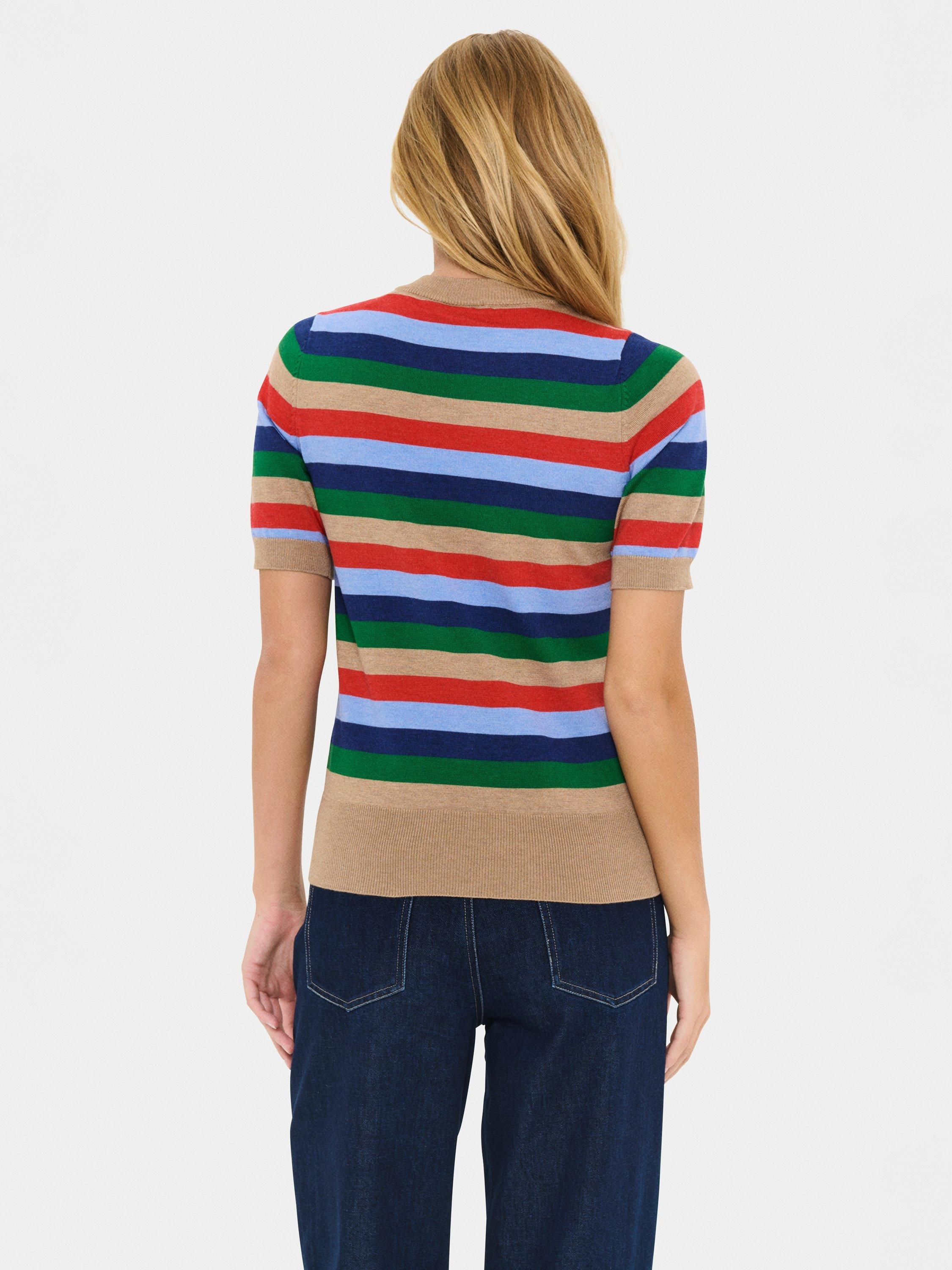 Product image 2 of 6, which shows Saint Tropez Milia Stripe Short Sleeve Jumper, Brown/Multi, S