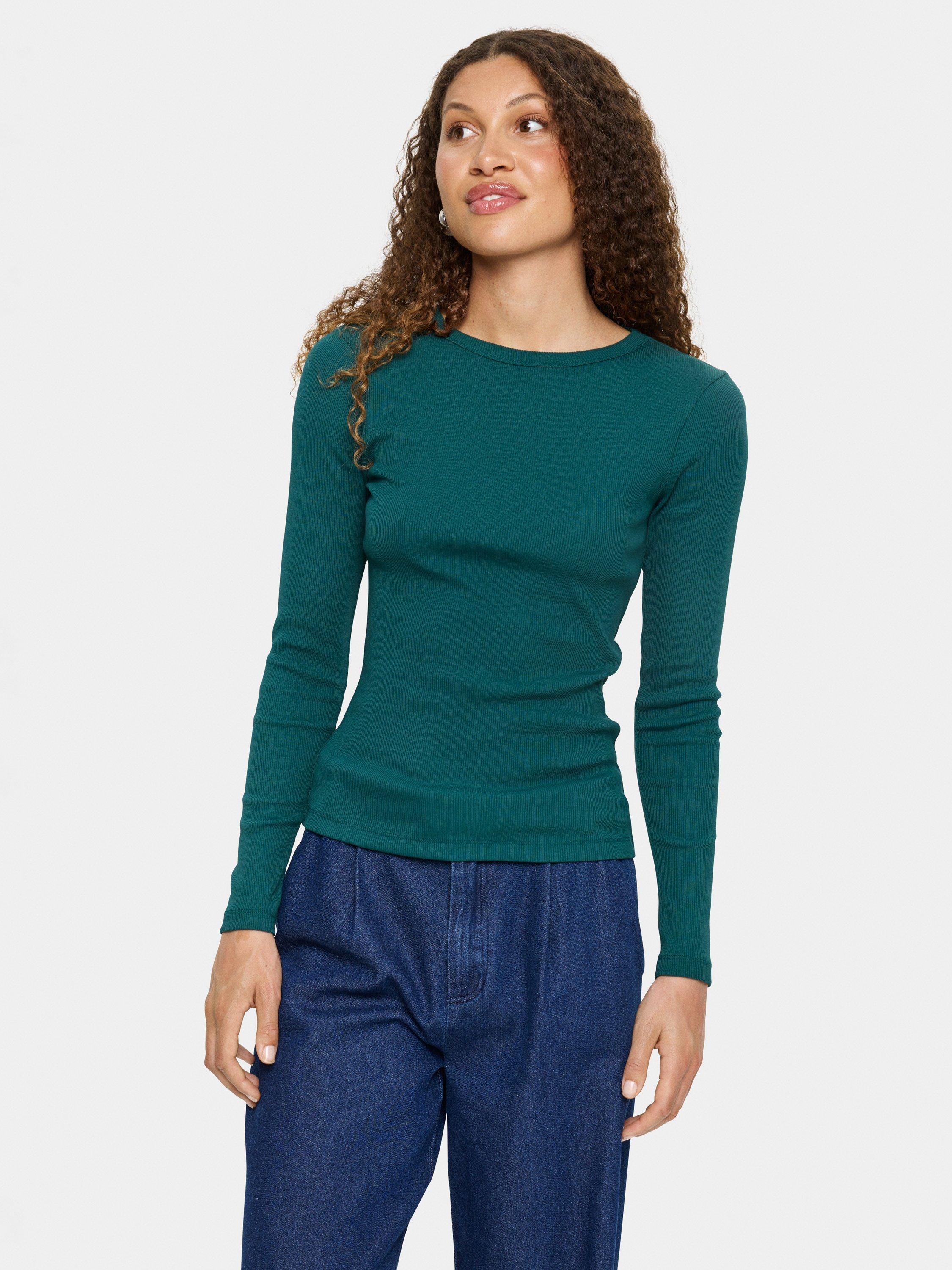 Product image 1 of 6, which shows Saint Tropez Aster Long Sleeve Cotton Blend T-Shirt, Mid Green, XS
