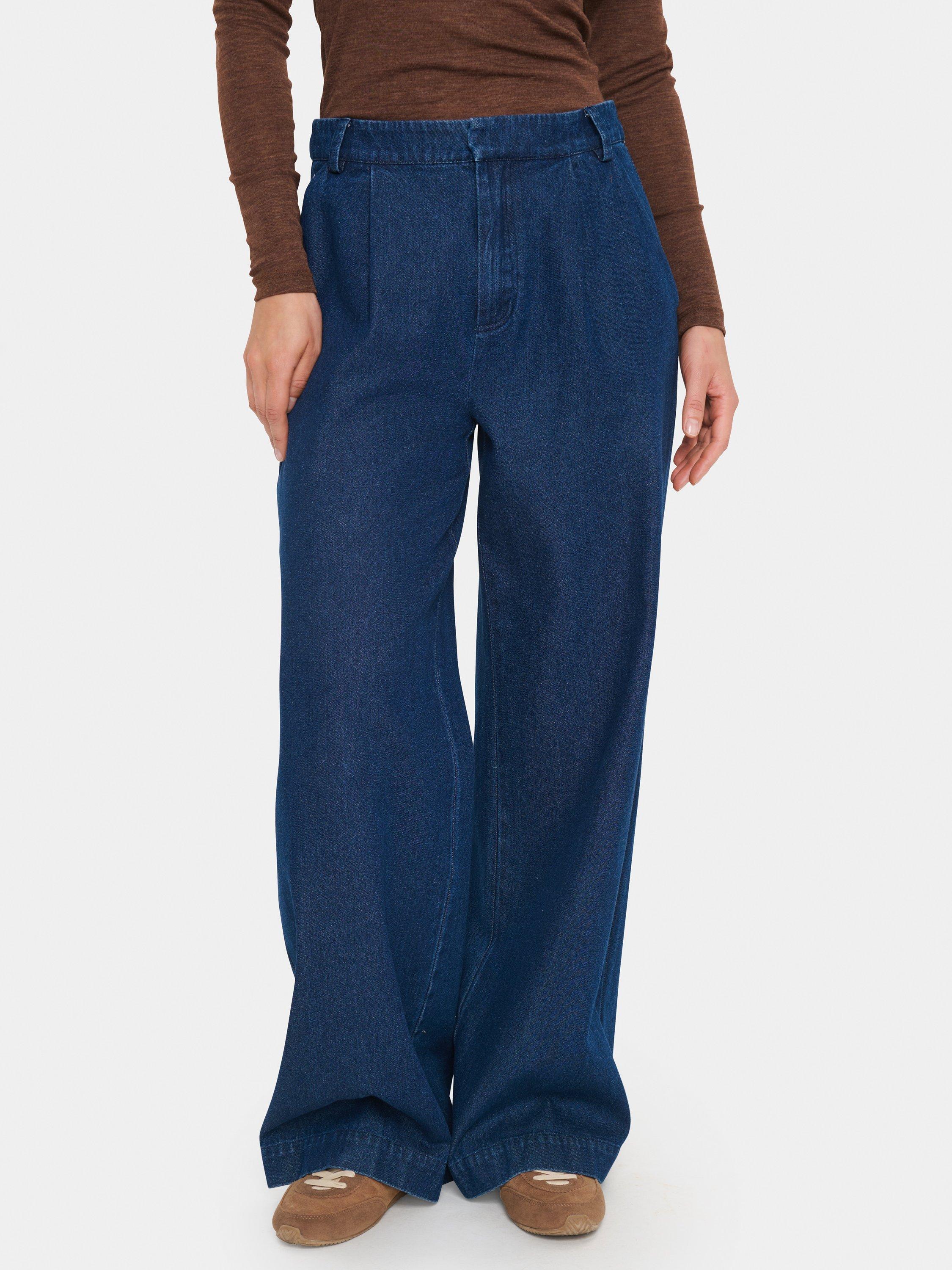 Product image 1 of 6, which shows Saint Tropez Jaclyn Denim Wide Leg Trousers, Mid Blue, XS