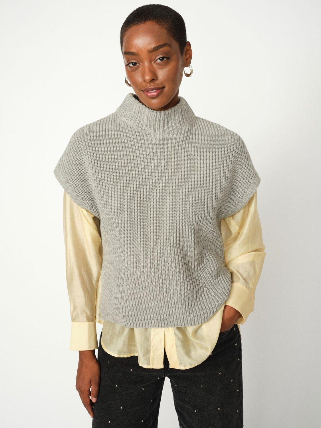 Product image 2 of 6, which shows MOS MOSH Biola Bine Cotton Cap Sleeve High Neck Jumper, Mid Grey, XS