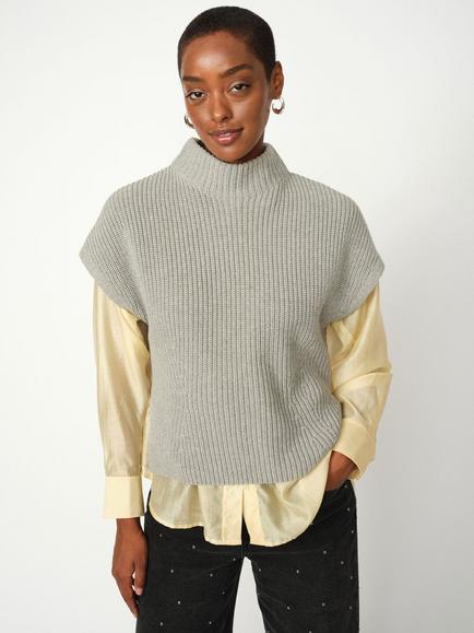 MOS MOSH Biola Bine Cotton Cap Sleeve High Neck Jumper - view 2, Mid Grey