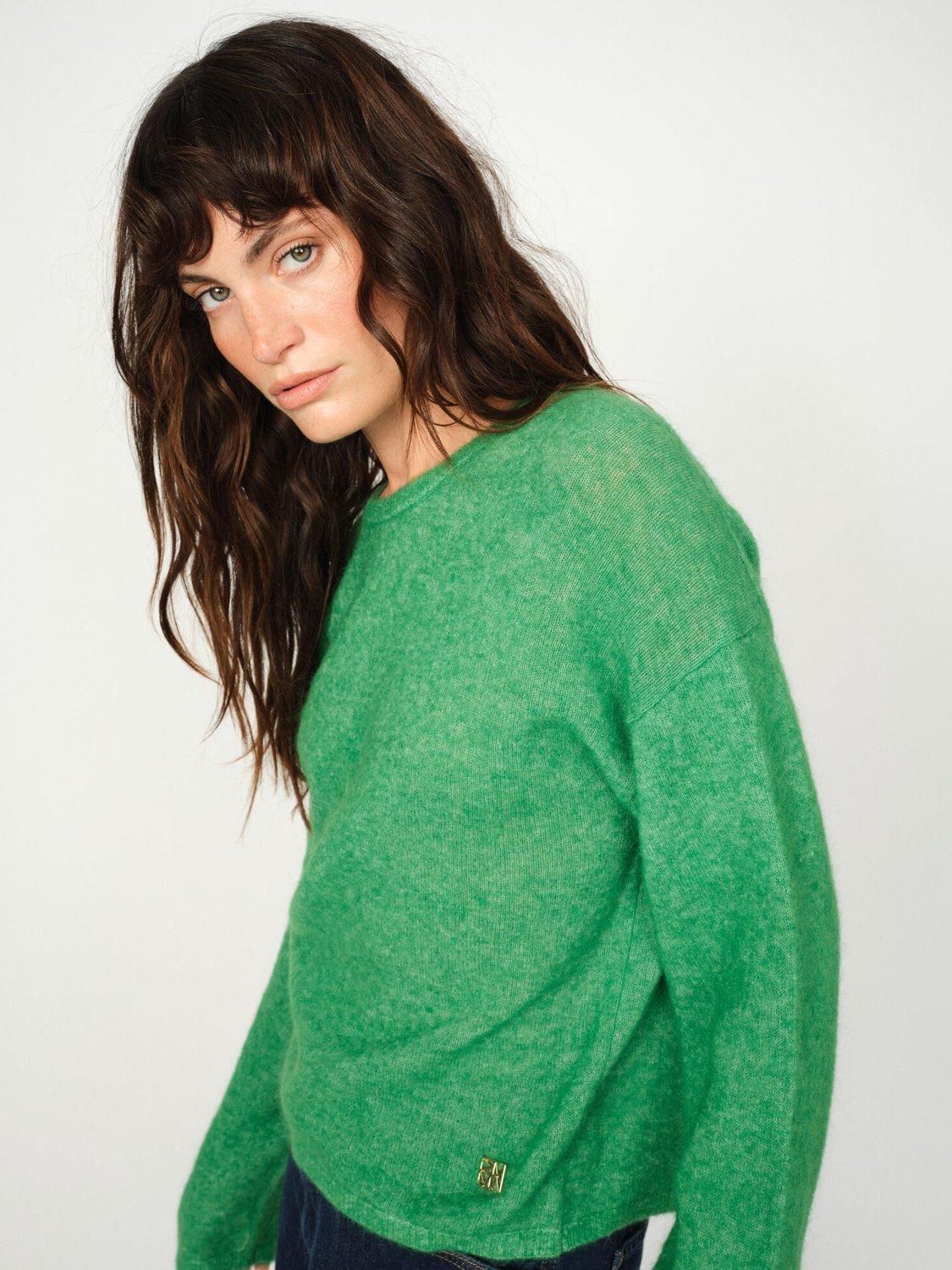 Product image 1 of 4, which shows MOS MOSH Mape Wool Blend Long Sleeve Round Neck Jumper, Mid Green, XS