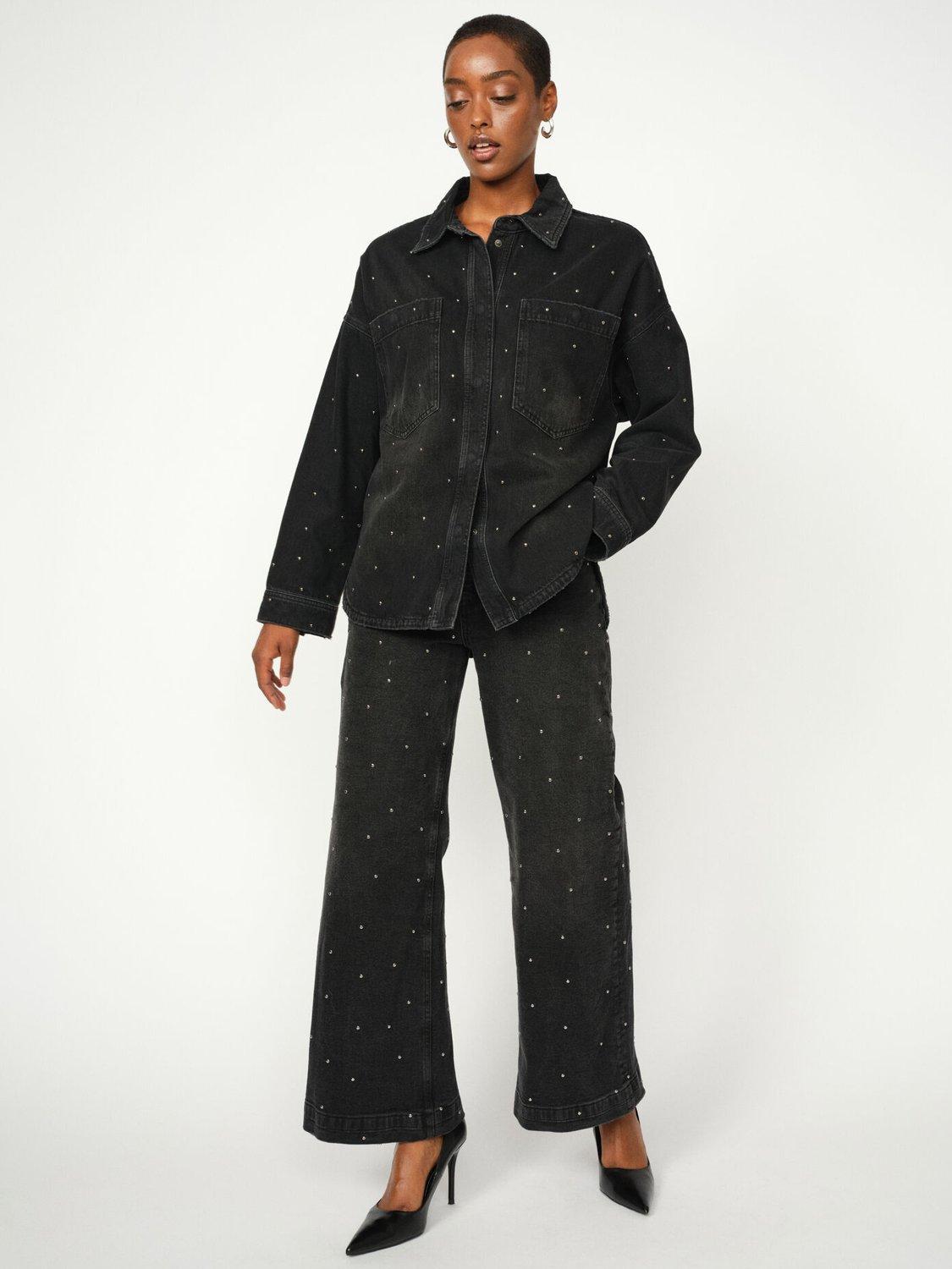 Product image 1 of 4, which shows MOS MOSH MMDara Studs High Waisted Flare Jeans, Dark Grey, 25R