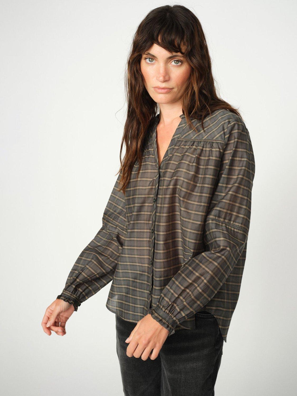 Product image 1 of 5, which shows MOS MOSH MMBenedetta Silky Check Print V-Neck Shirt, Green/Multi, M