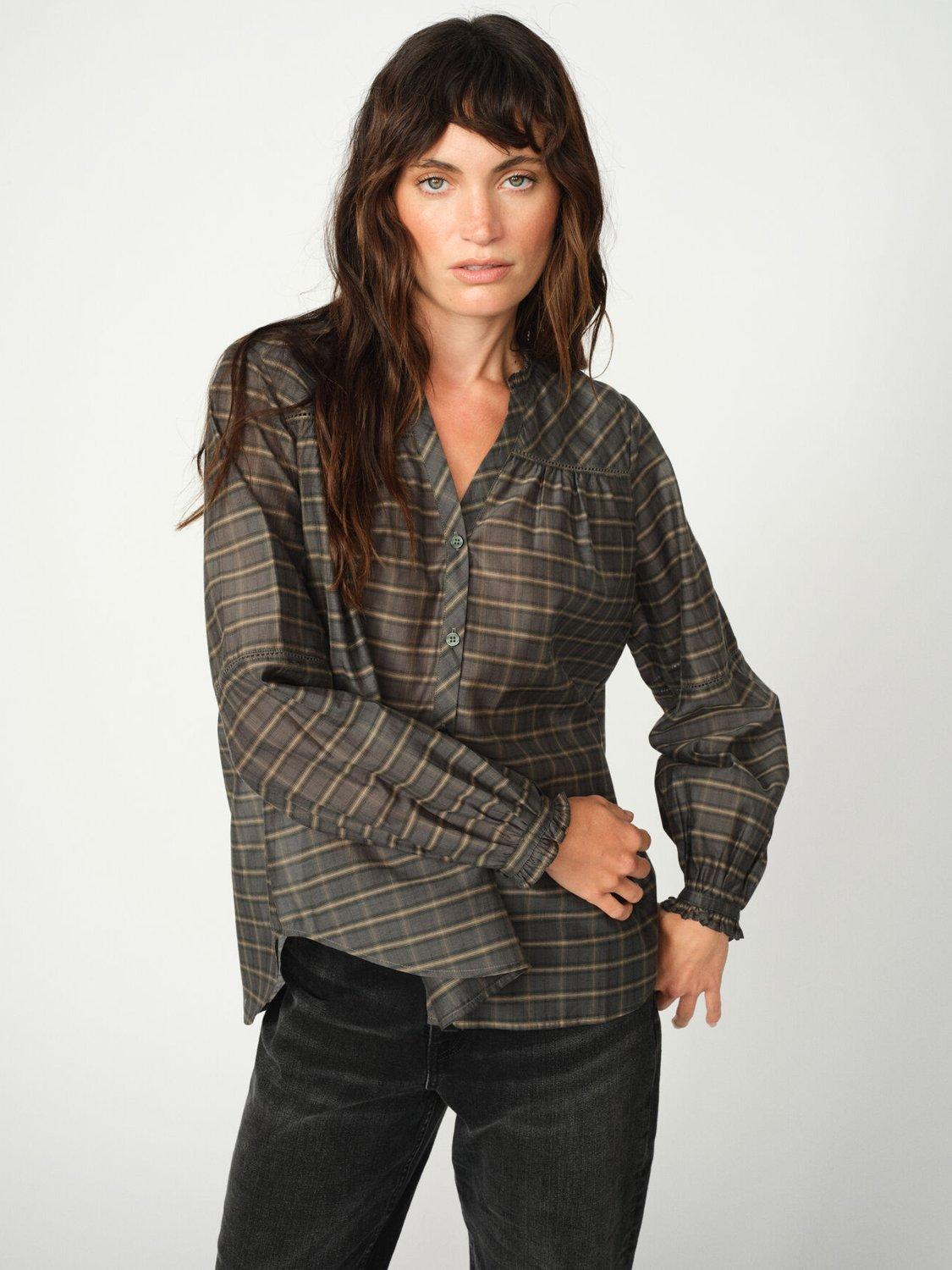 Product image 3 of 5, which shows MOS MOSH MMBenedetta Silky Check Print V-Neck Shirt, Green/Multi, M