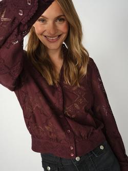 MOS MOSH Monia Yen Floral Long Sleeve V Neck Lace Shirt, Mid Red