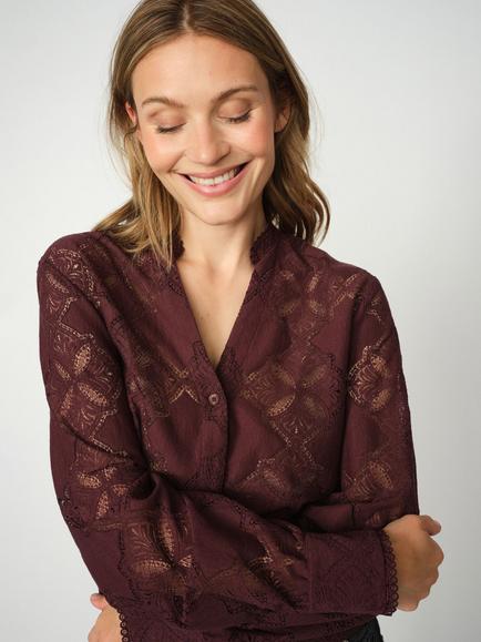 MOS MOSH Monia Yen Floral Long Sleeve V Neck Lace Shirt - view 2, Mid Red