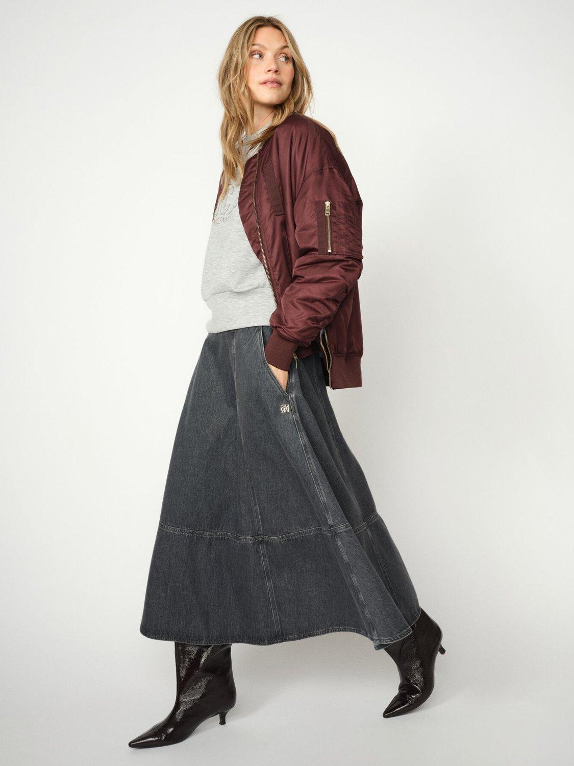 Product image 1 of 4, which shows MOS MOSH Cynthia A Line Denim Midi Skirt, Mid Grey, XS