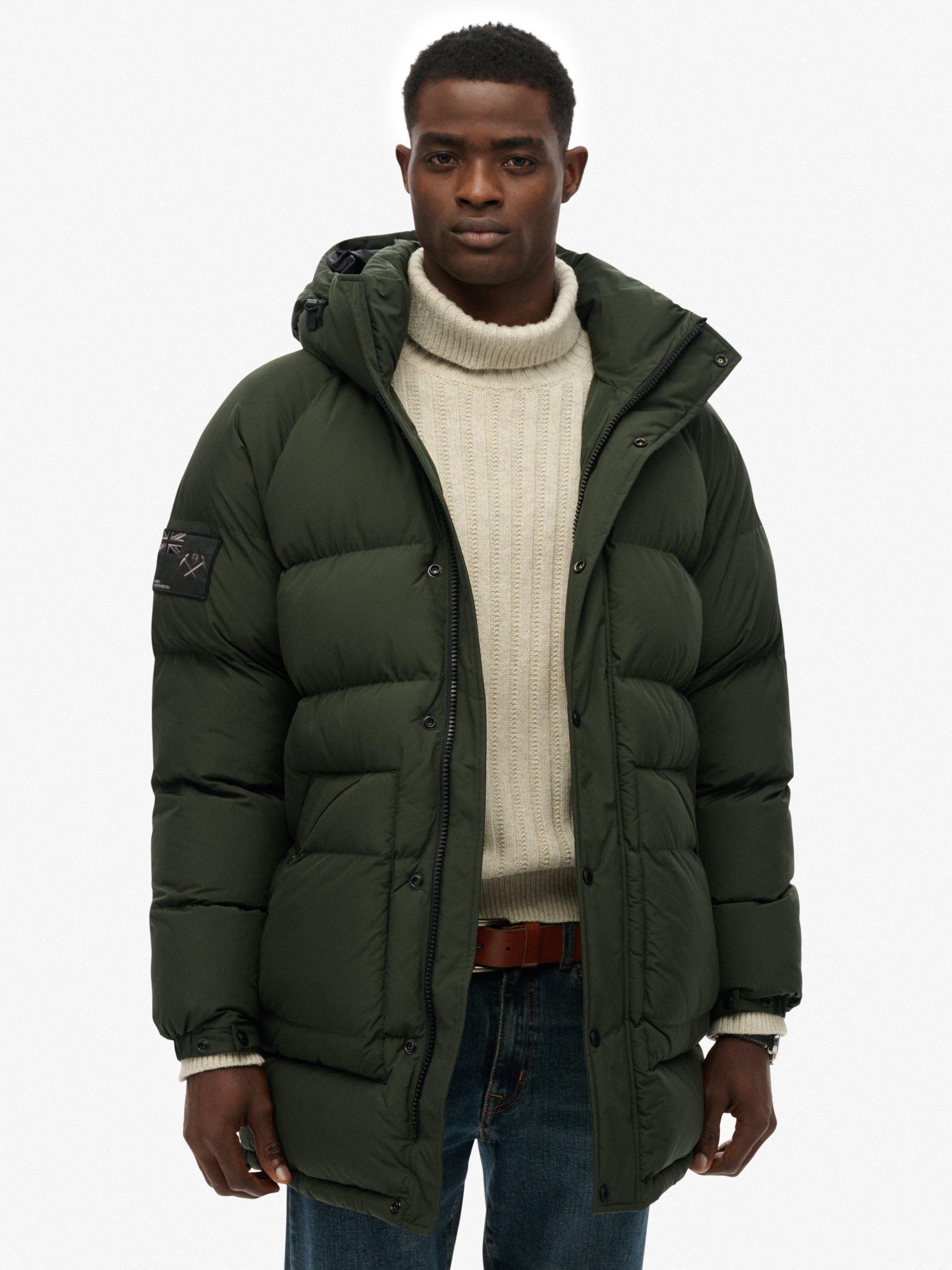 Product image 1 of 11, which shows Superdry Longline Baffle Parka Jacket, Olive Green, XL