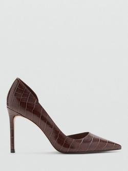 Mango Audrey Croc Asymmetric Stiletto Heel Court Shoes, Dark Brown, Dark Brown