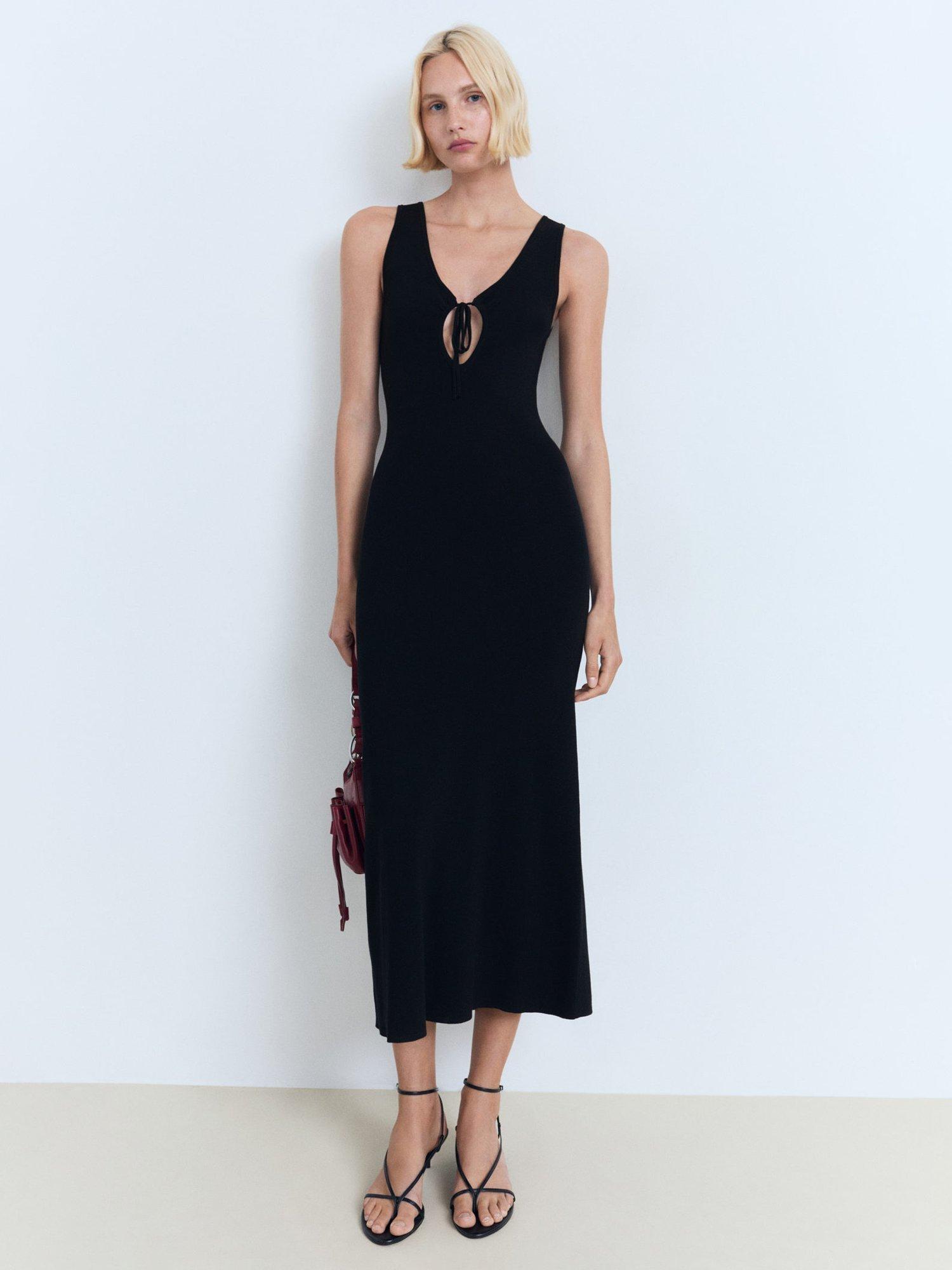 Product image 2 of 8, which shows Mango Forat Tie Neck Knit Maxi Dress, Black, 10