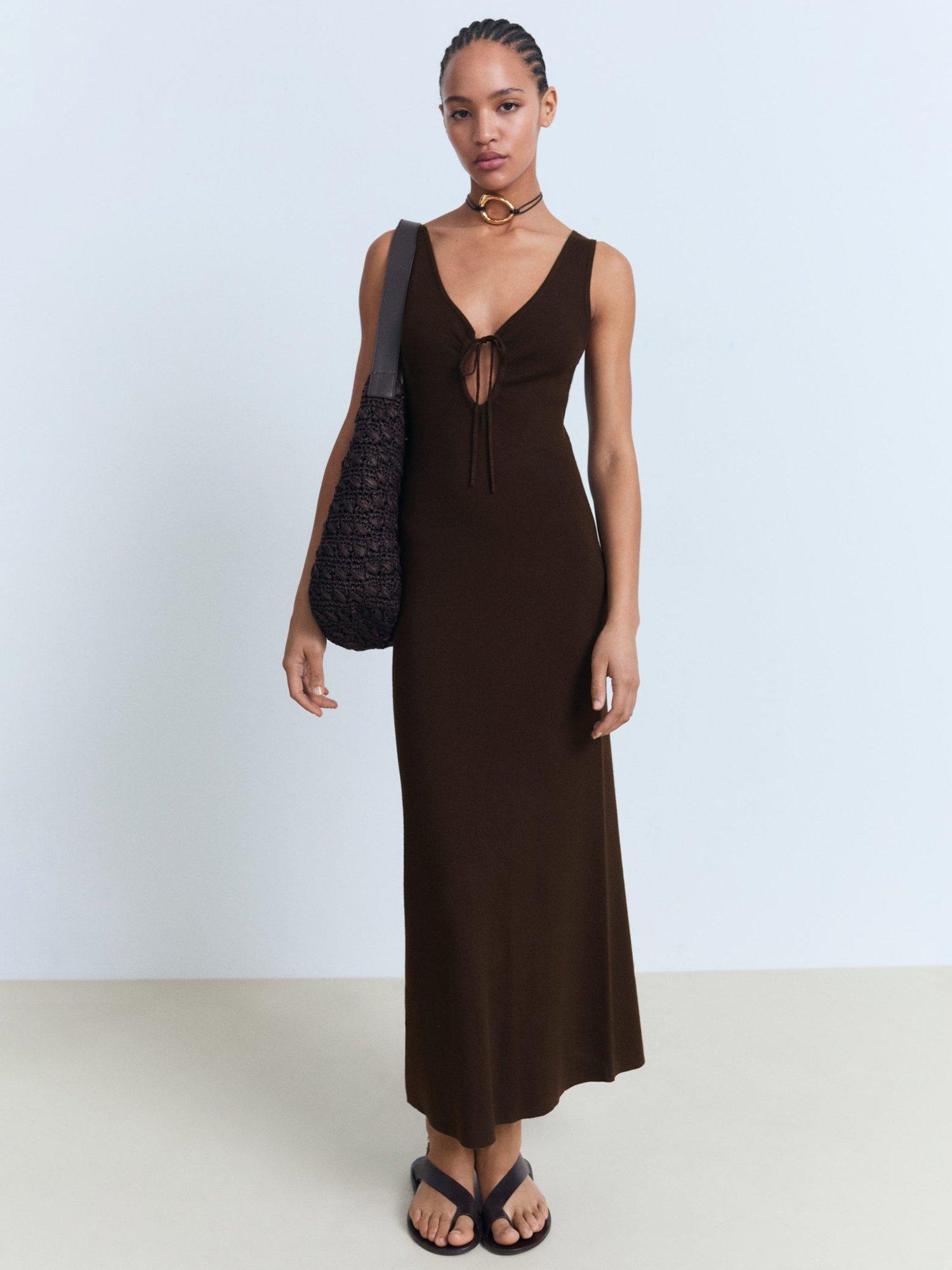 Product image 1 of 7, which shows Mango Forat Tie Neck Knit Maxi Dress, Dark Brown, 10