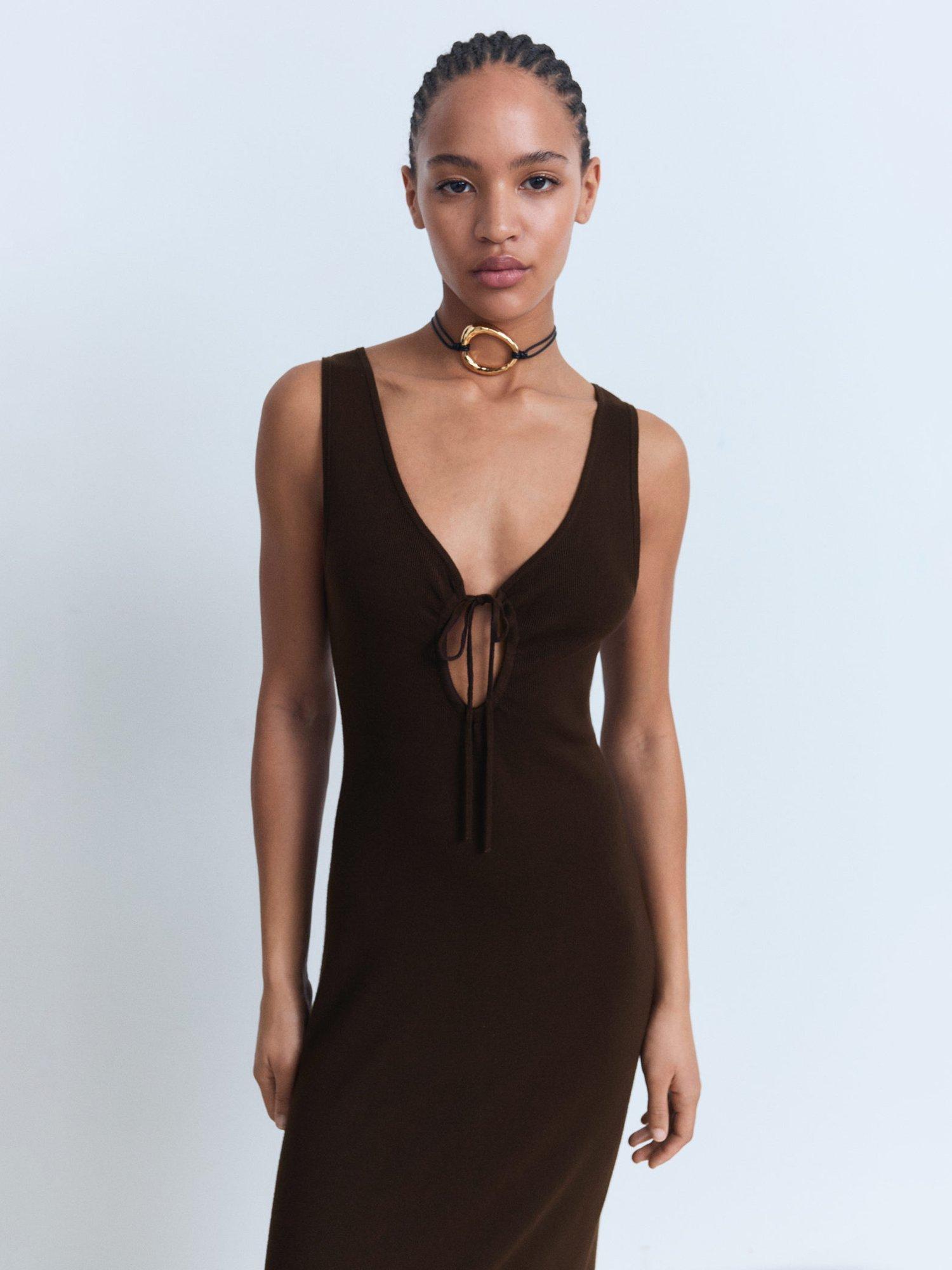 Product image 2 of 7, which shows Mango Forat Tie Neck Knit Maxi Dress, Dark Brown, 10