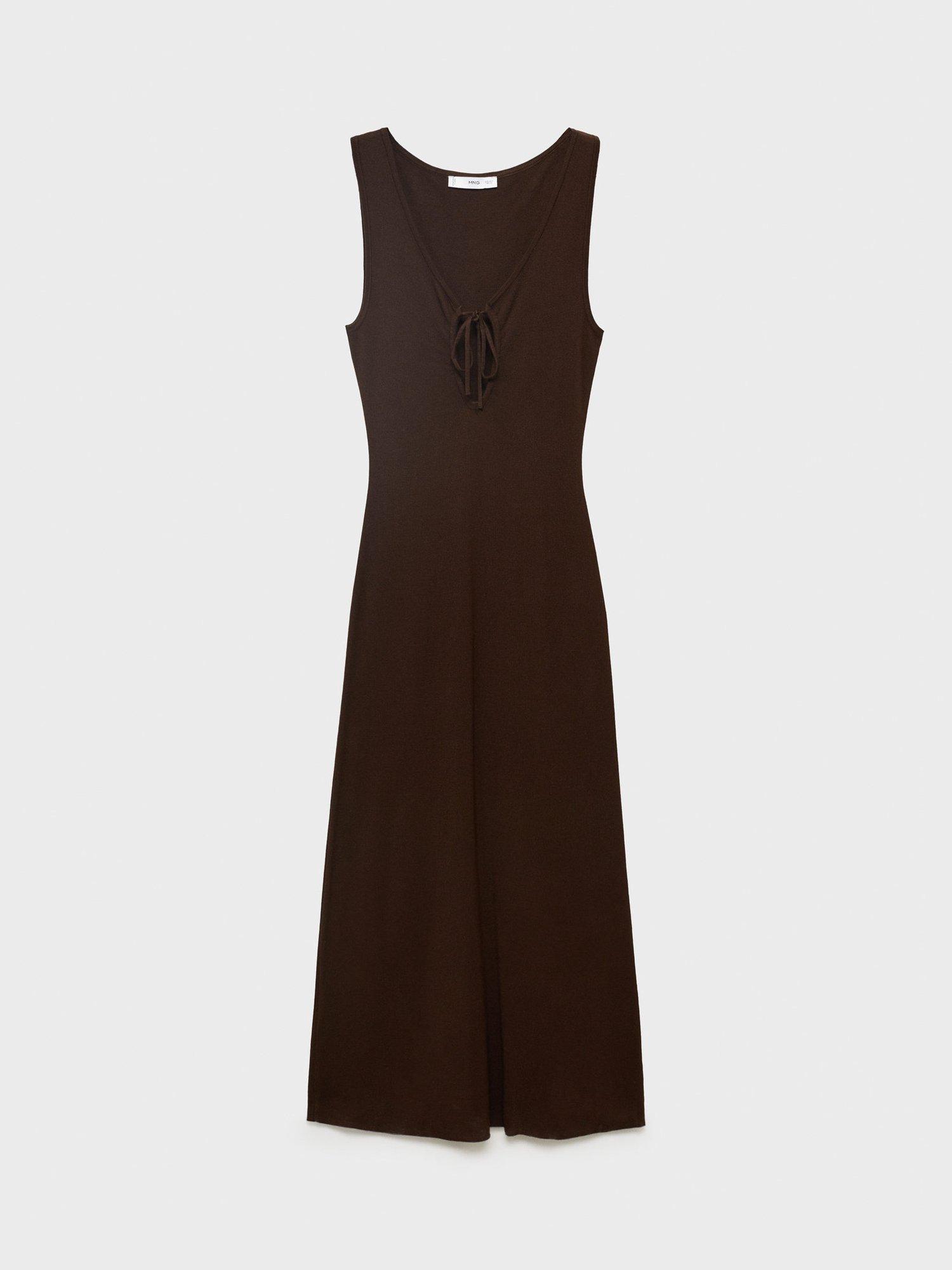Product image 3 of 7, which shows Mango Forat Tie Neck Knit Maxi Dress, Dark Brown, 10